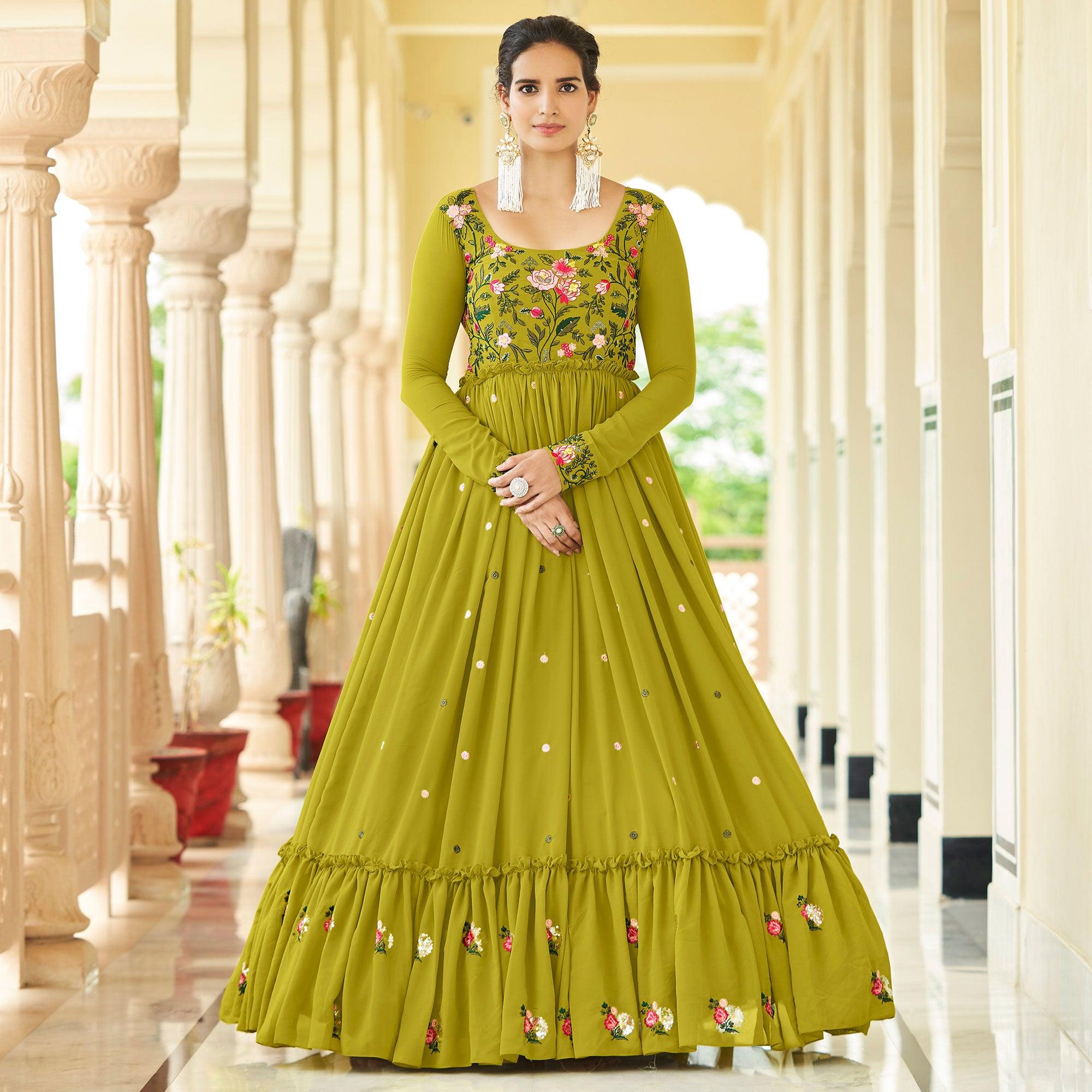 Olive Green Embroidered Georgette Gown - Peachmode