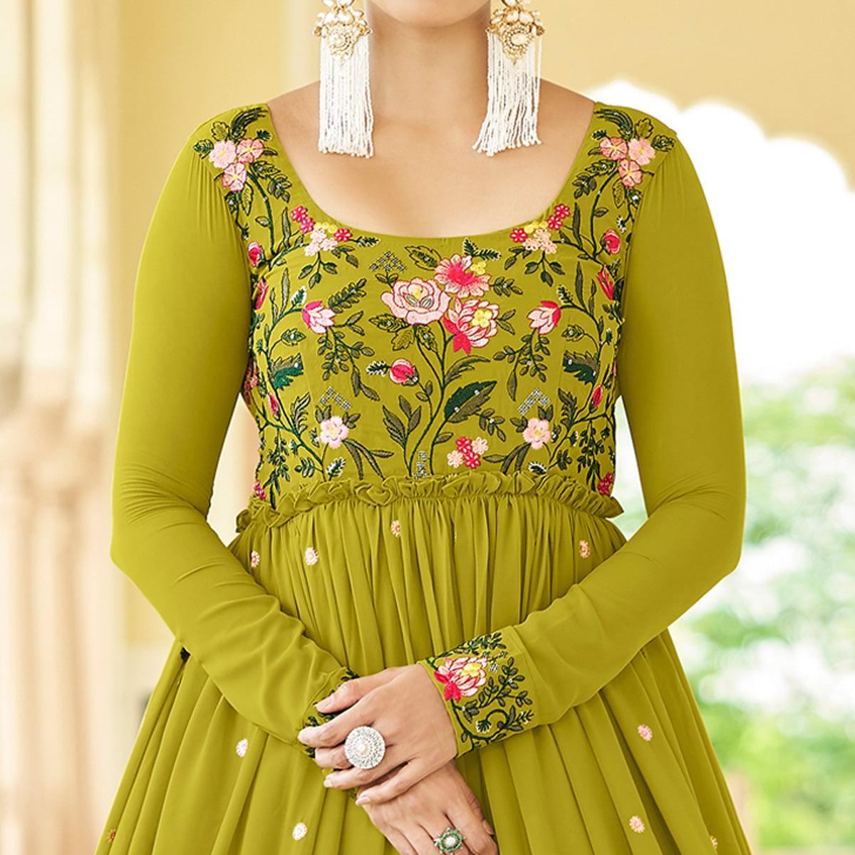Olive Green Embroidered Georgette Gown Olive Green Embroidered Georgette Gown