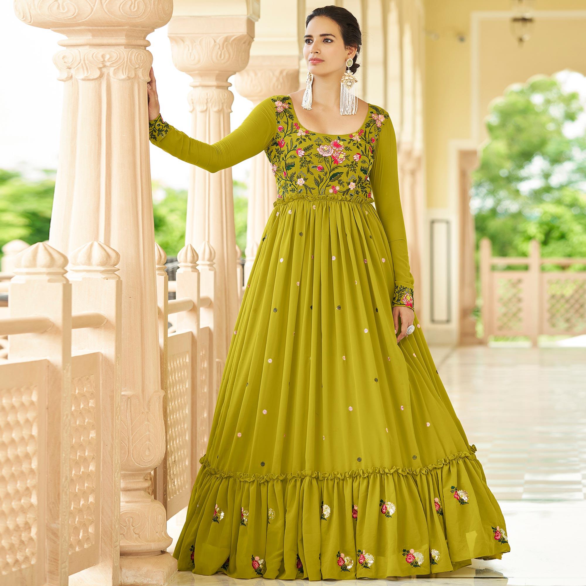 Olive Green Embroidered Georgette Gown - Peachmode