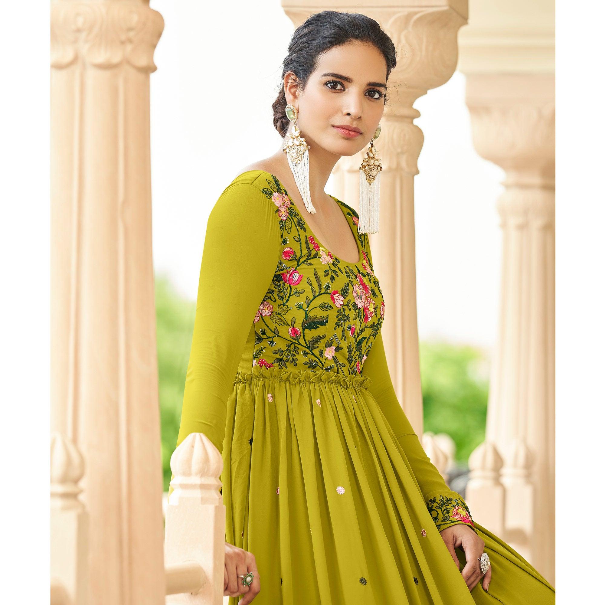 Olive Green Embroidered Georgette Gown - Peachmode