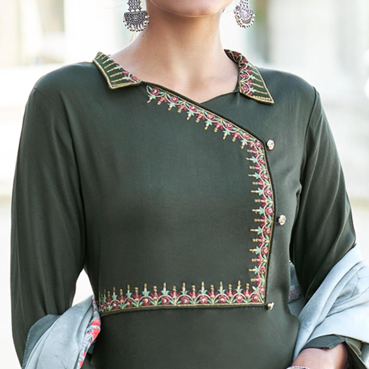 Olive Green Embroidered Rayon Kurti Pant Set With Dupatta - Peachmode