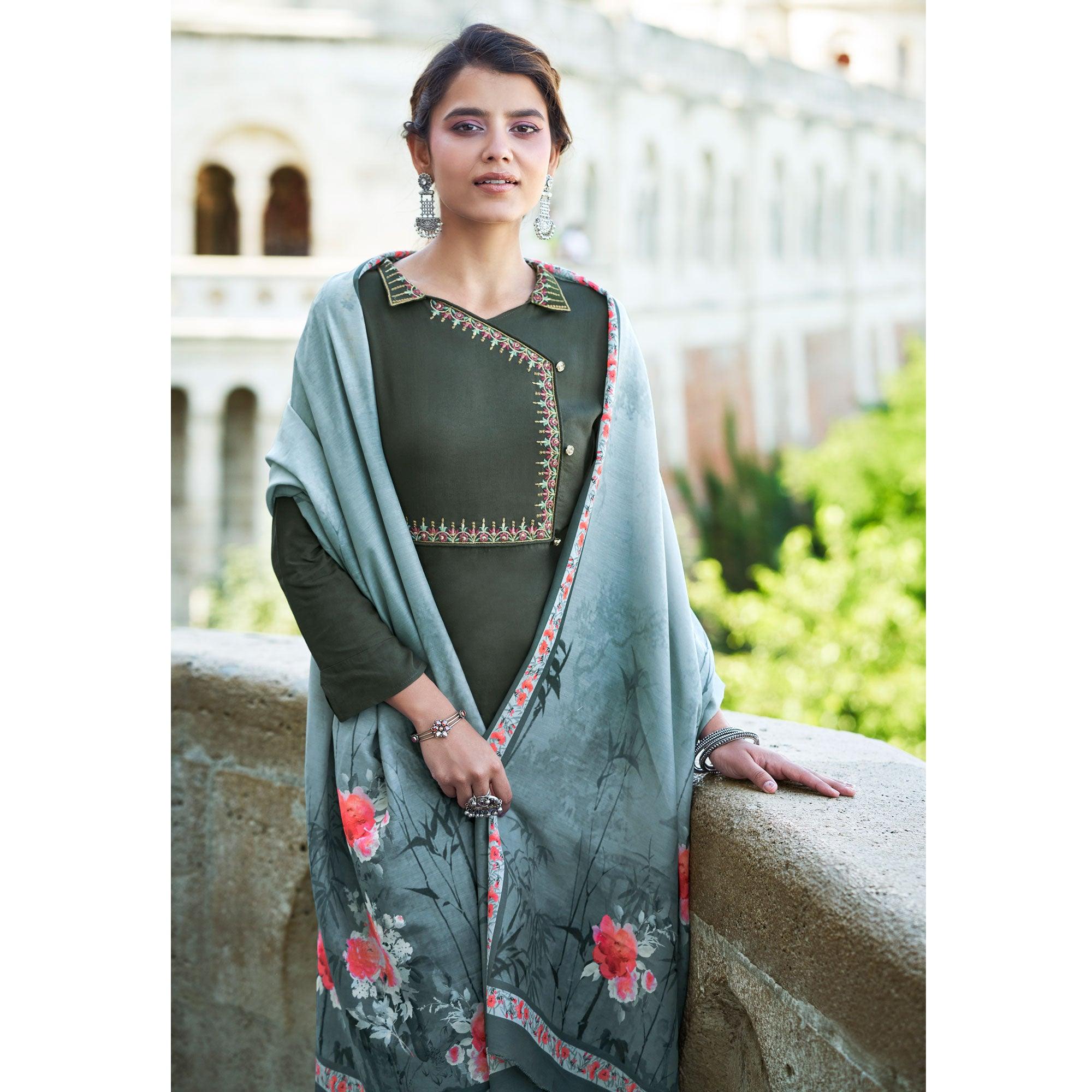 Olive Green Embroidered Rayon Kurti Pant Set With Dupatta - Peachmode