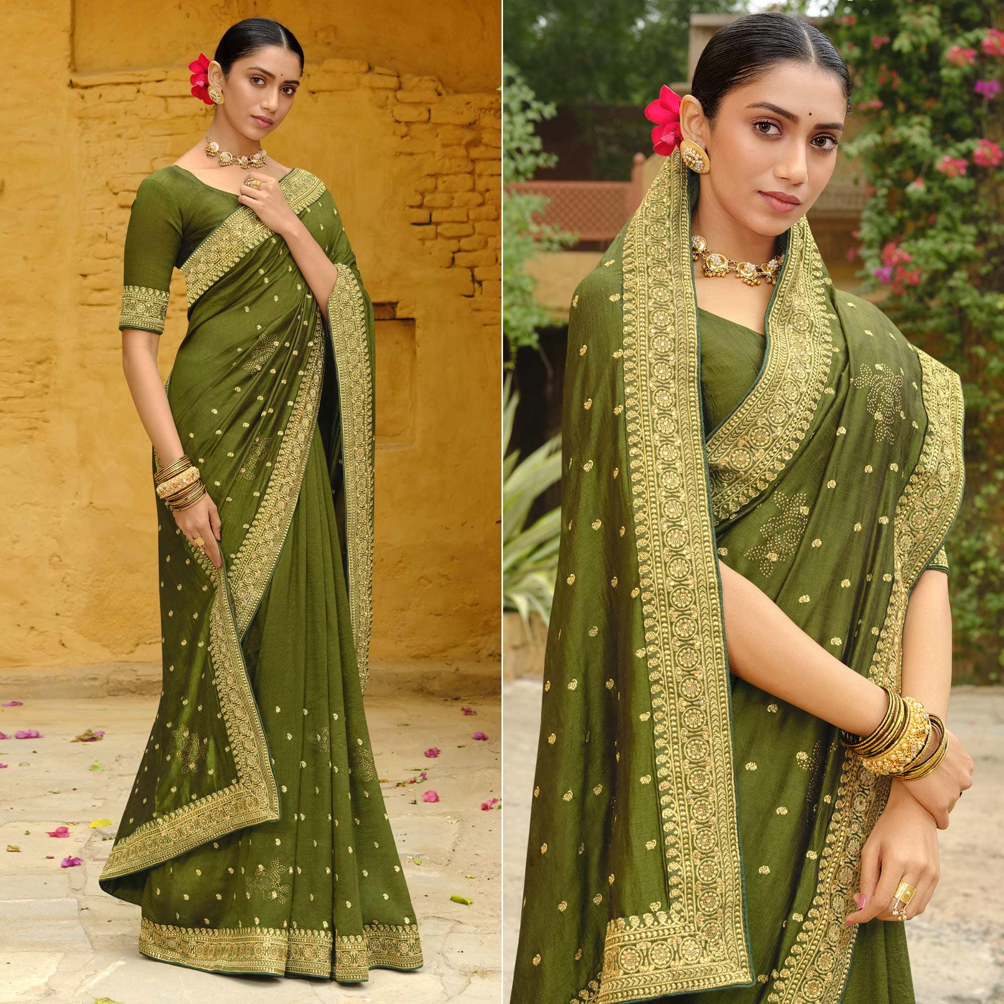 Olive Green Embroidered Vichitra Silk Saree
