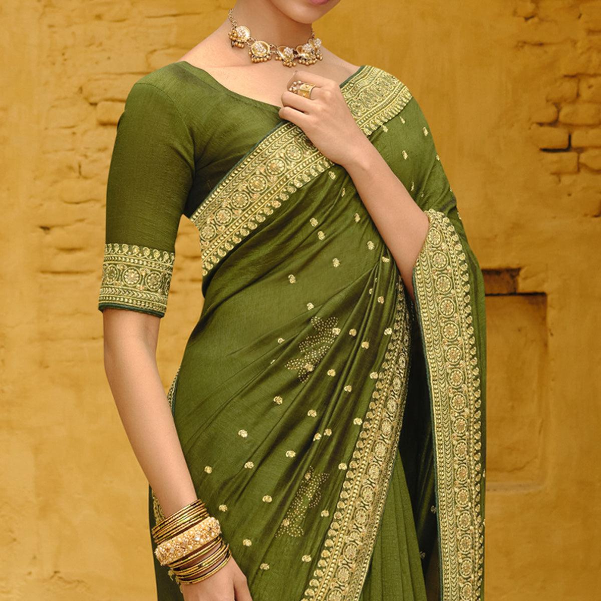 Olive Green Embroidered Vichitra Silk Saree - Peachmode