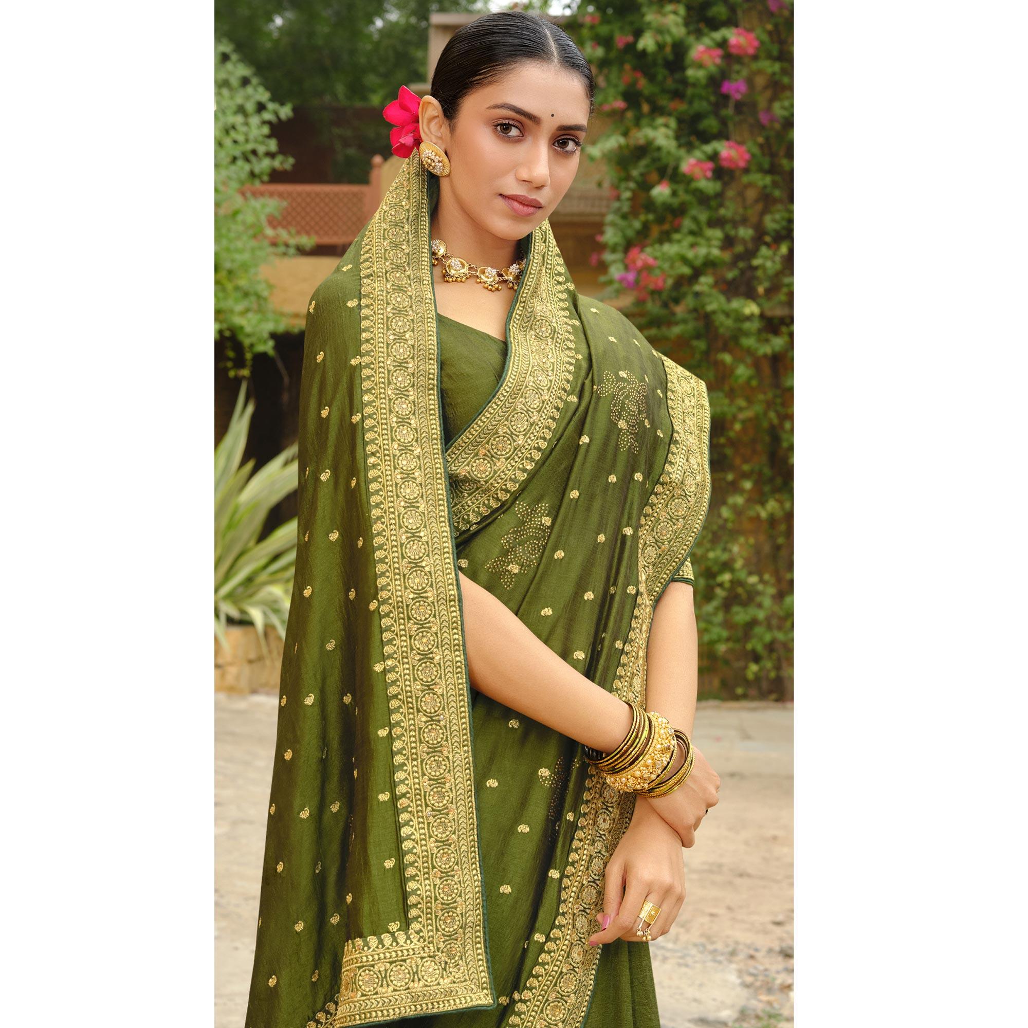 Olive Green Embroidered Vichitra Silk Saree - Peachmode