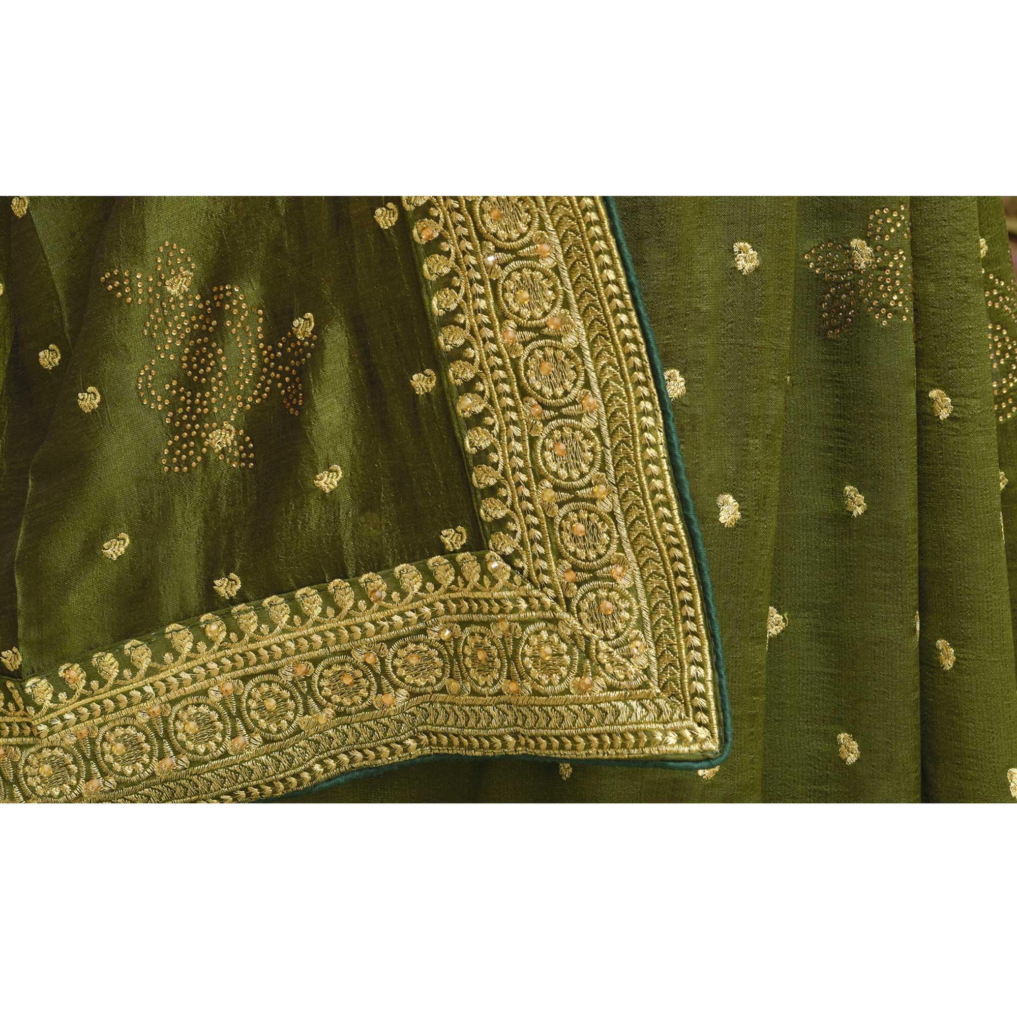 Olive Green Embroidered Vichitra Silk Saree - Peachmode