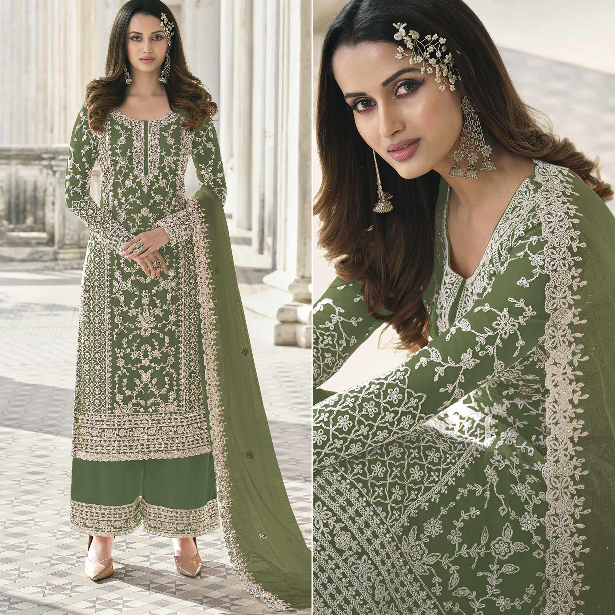 Olive Green Embroidered With Embellished Net Palazzo Suit - Peachmode