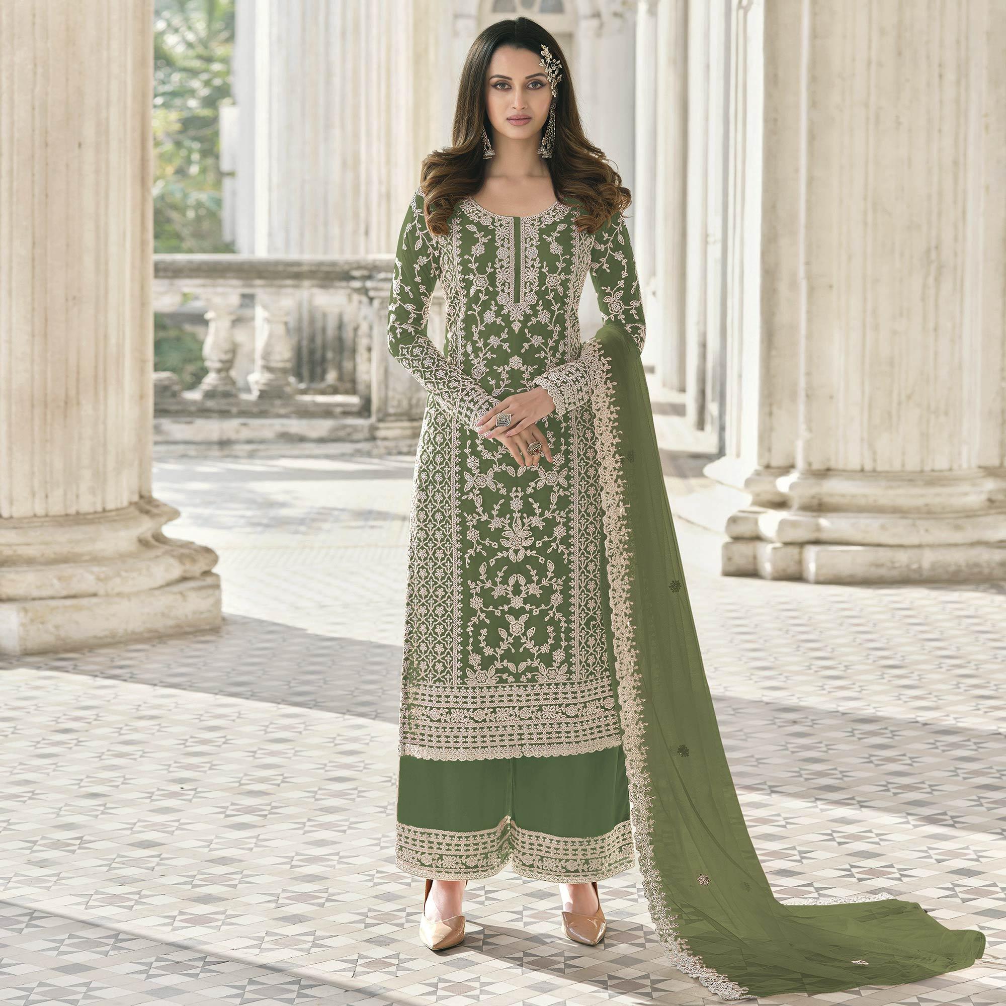 Olive Green Embroidered With Embellished Net Palazzo Suit - Peachmode