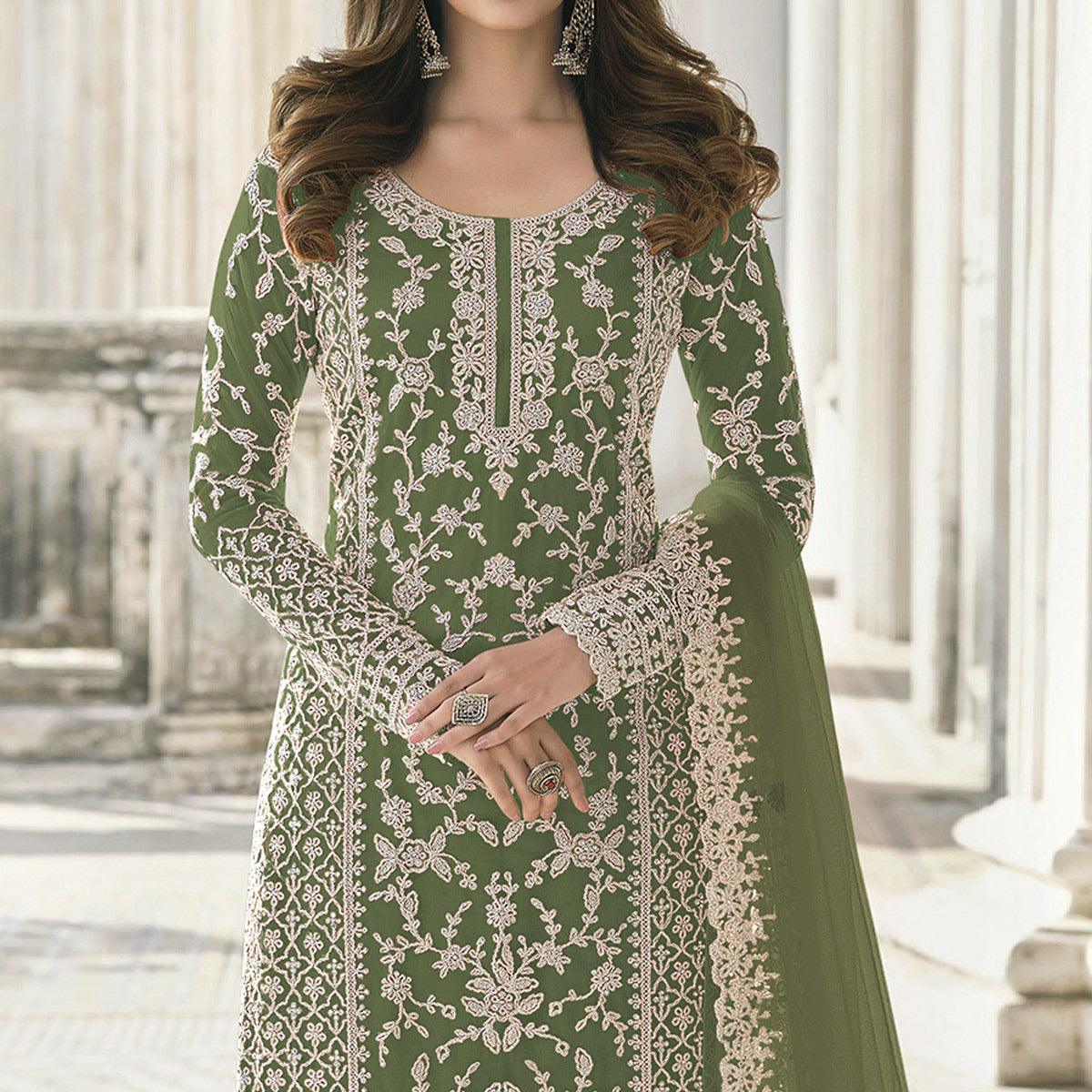 Olive Green Embroidered With Embellished Net Palazzo Suit - Peachmode