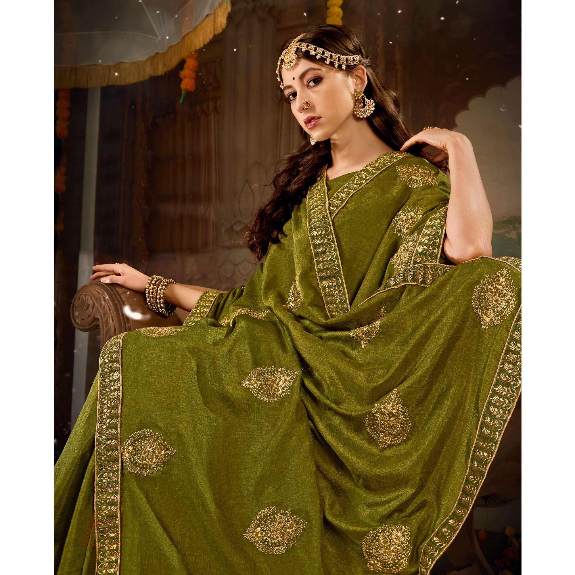 Olive Green Embroidered With Embellished Vichitra Silk Saree - Peachmode
