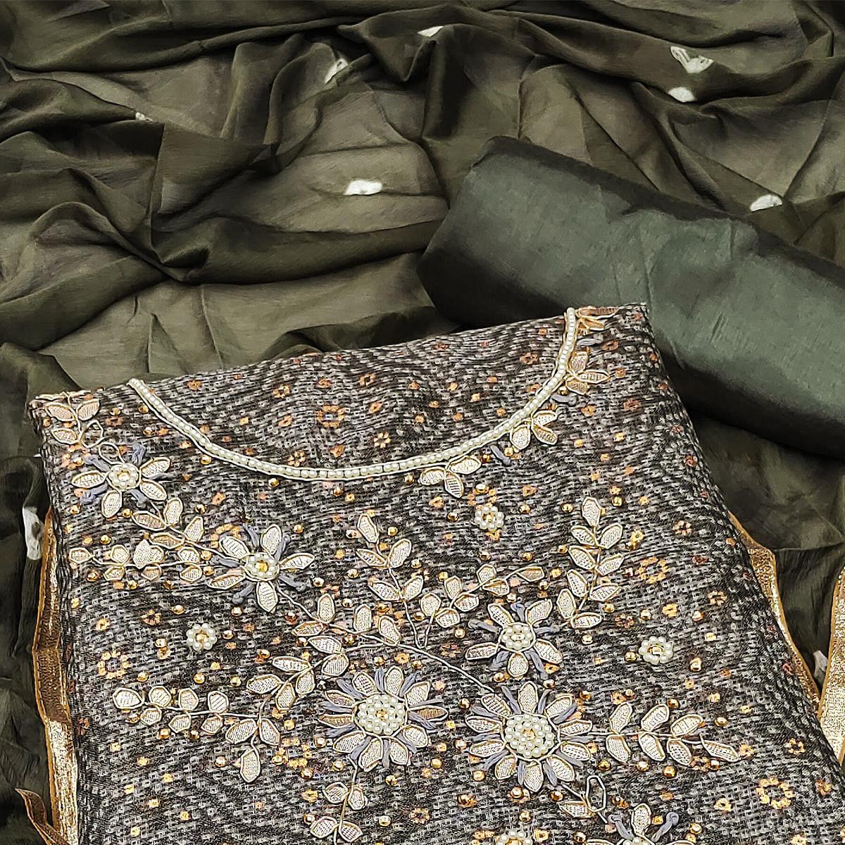 Olive Green Embroidered With Printed Khaadi Dress Material - Peachmode