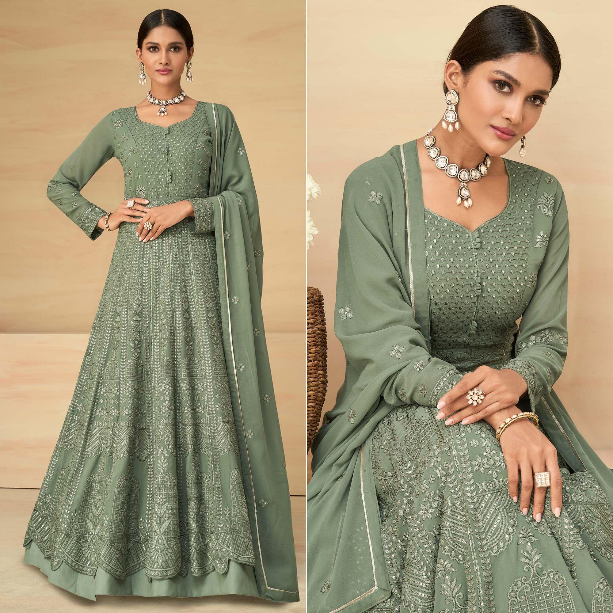 Olive Green Embroidery With Embellished Work Georgette Partywear Gown - Peachmode