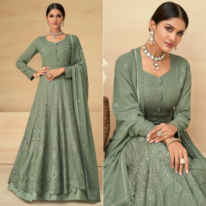 Olive Green Embroidery With Embellished Work Georgette Partywear Gown - Peachmode