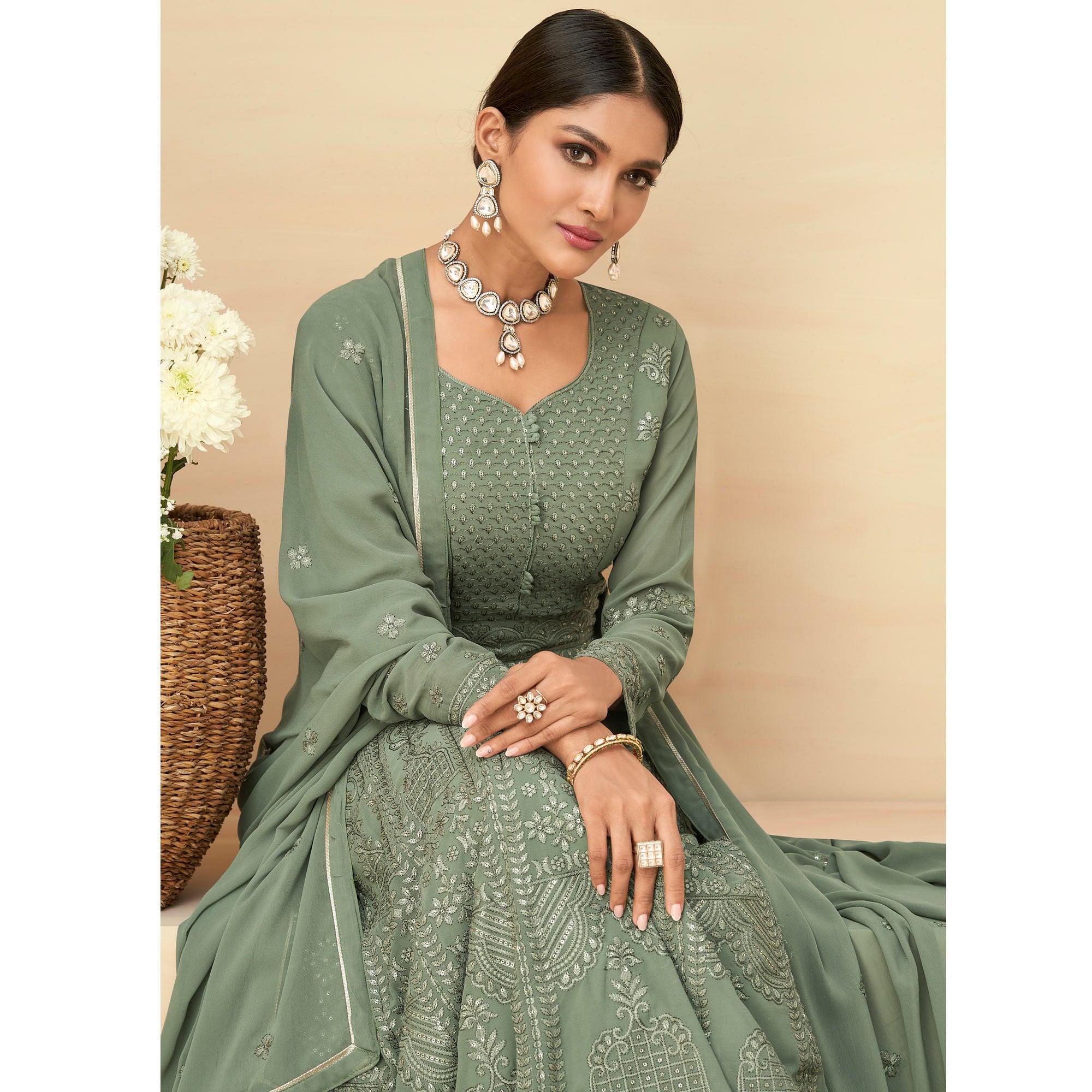 Olive Green Embroidery With Embellished Work Georgette Partywear Gown - Peachmode