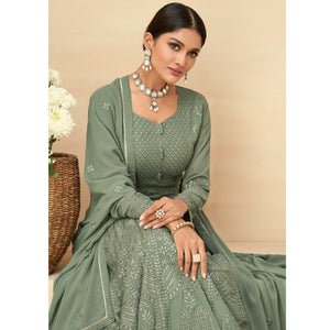 Olive Green Embroidery With Embellished Work Georgette Partywear Gown - Peachmode