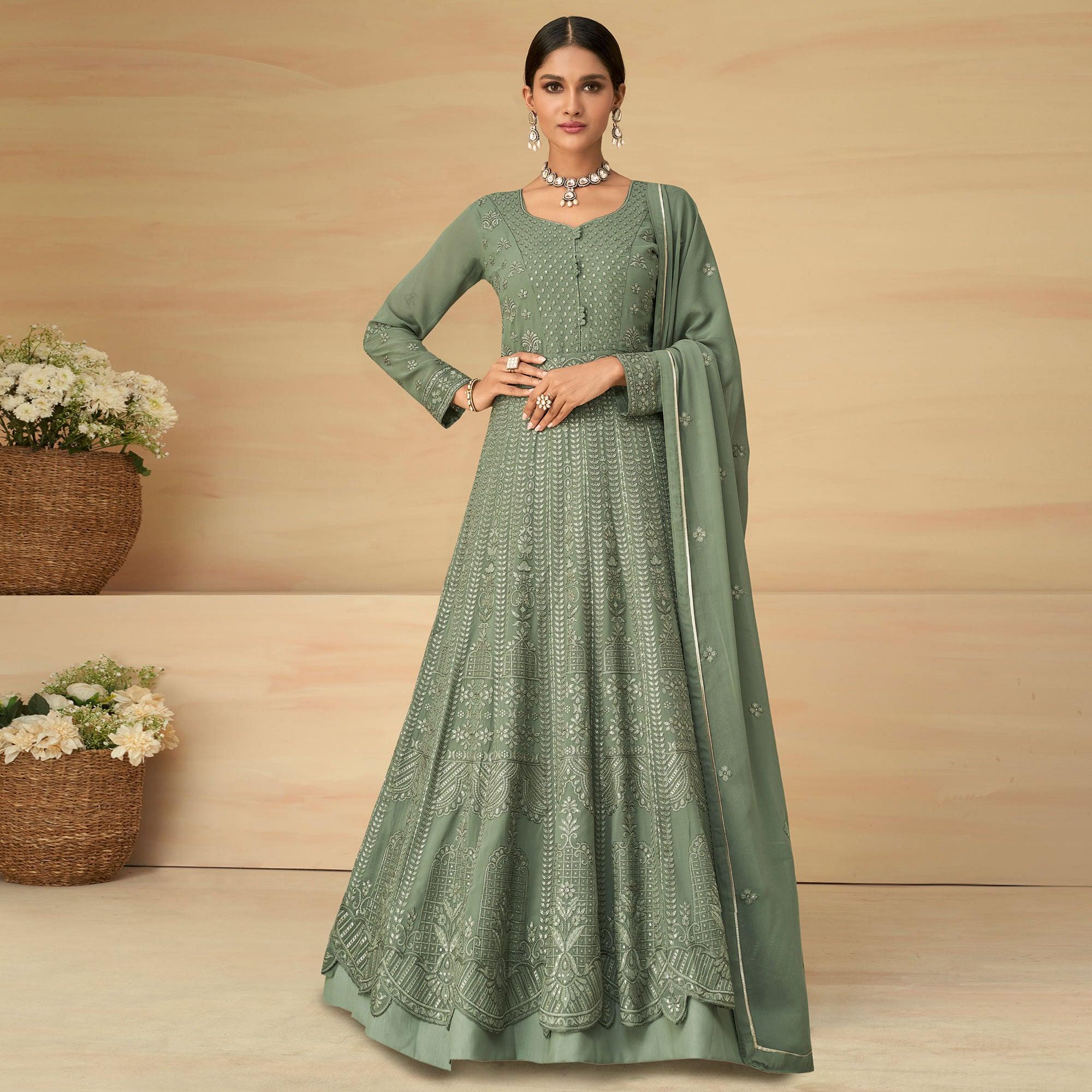 Olive Green Embroidery With Embellished Work Georgette Partywear Gown - Peachmode