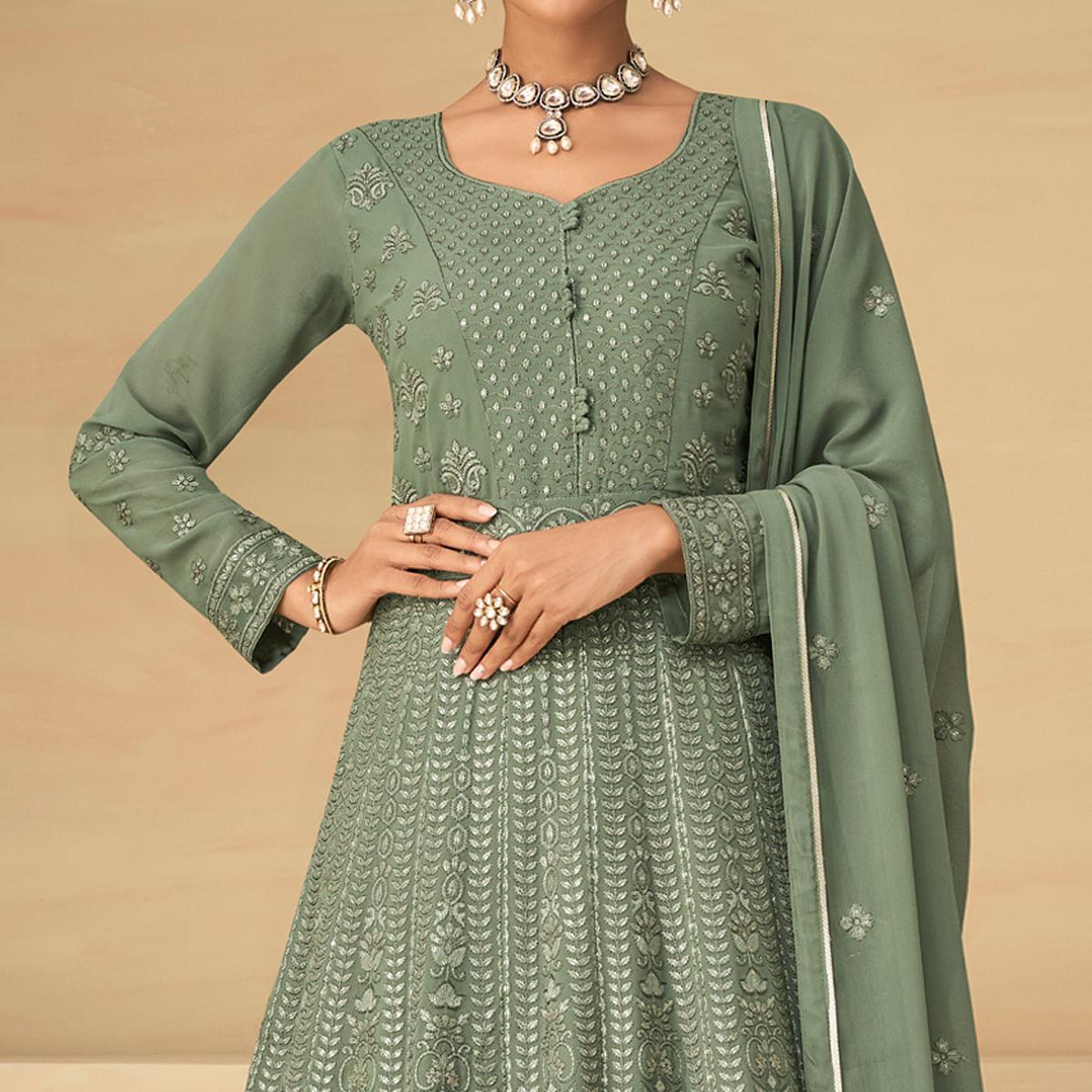 Olive Green Embroidery With Embellished Work Georgette Partywear Gown - Peachmode