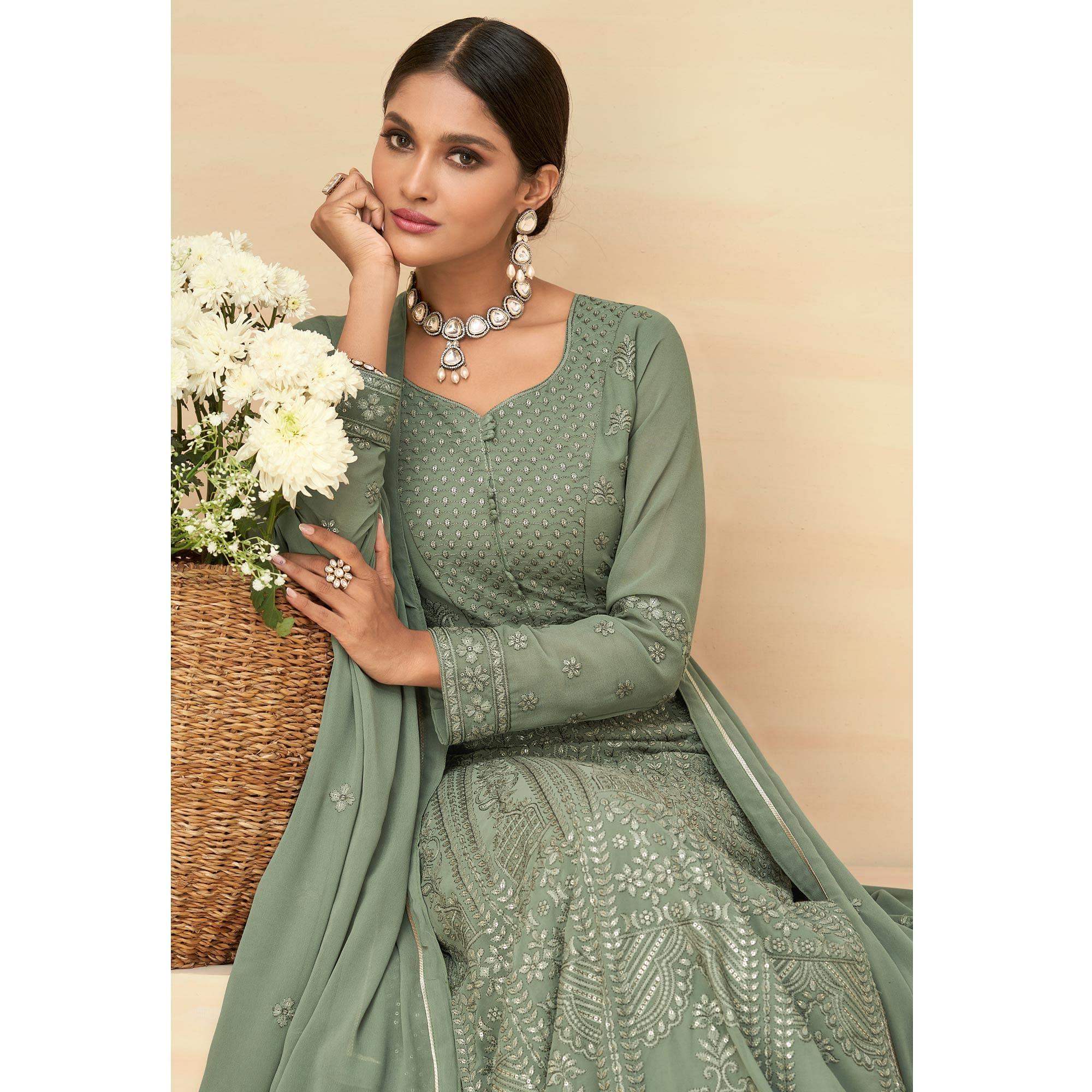 Olive Green Embroidery With Embellished Work Georgette Partywear Gown - Peachmode