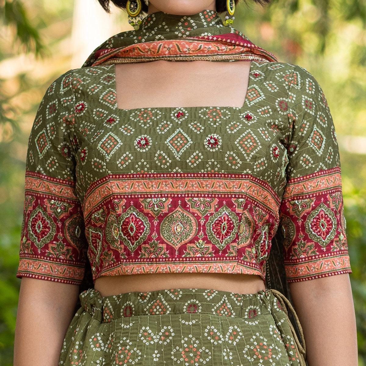 Olive Green Festive Wear Bandhani Printed With Sequence Muslin Lehenga Choli - Peachmode