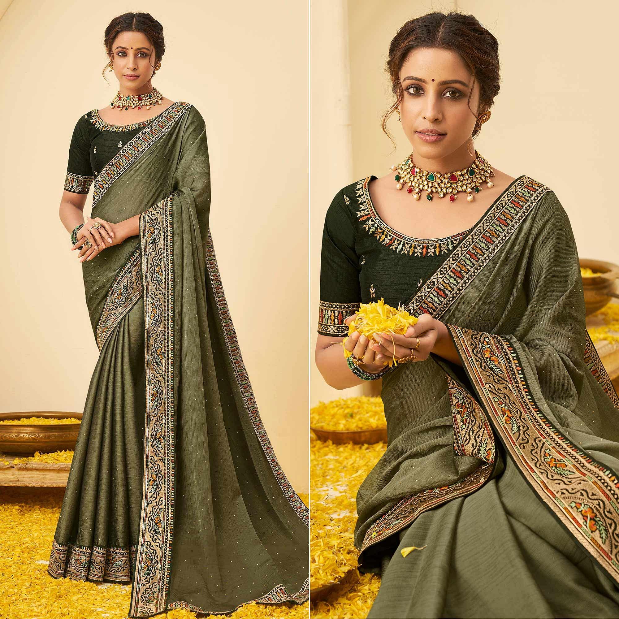 Olive Green Festive Wear Embellished Chiffon Saree With Heavy Lace - Peachmode