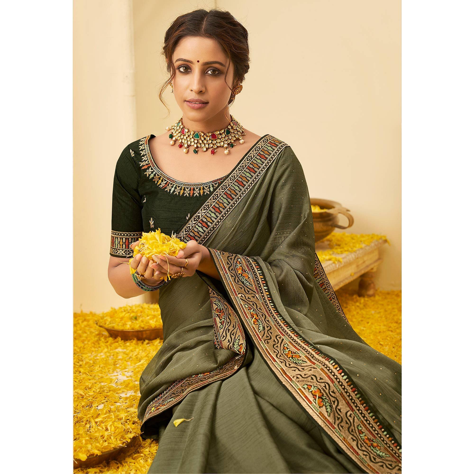 Olive Green Festive Wear Embellished Chiffon Saree With Heavy Lace - Peachmode