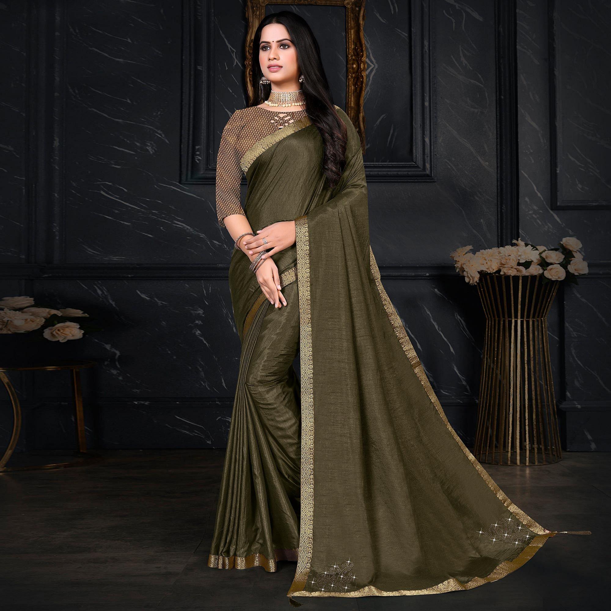 Olive Green Festive Wear Embellished Vichitra Silk Saree - Peachmode