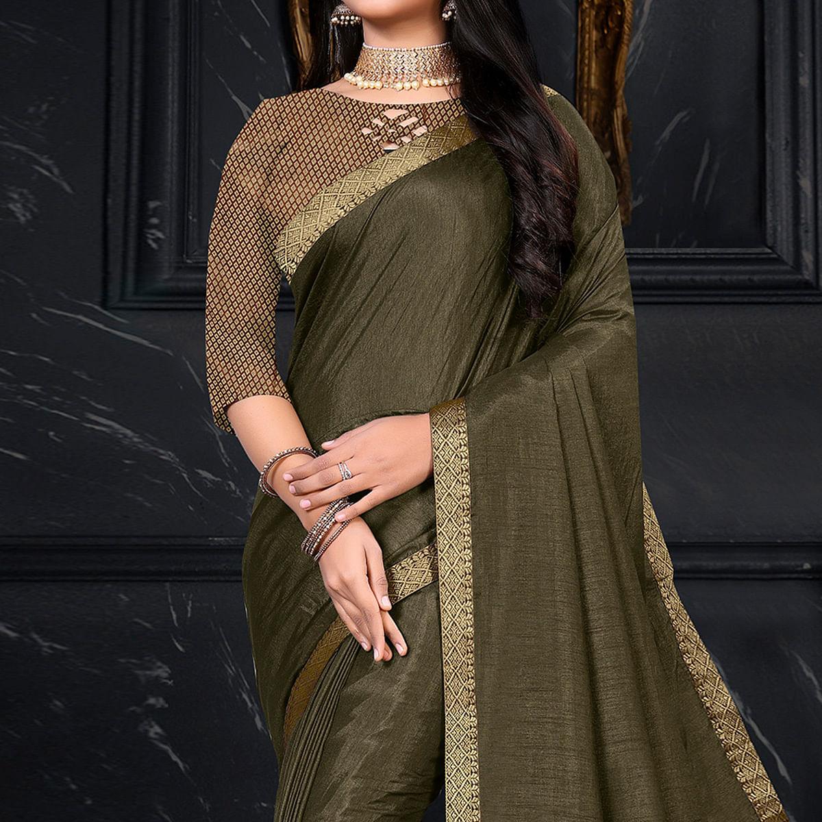 Olive Green Festive Wear Embellished Vichitra Silk Saree - Peachmode