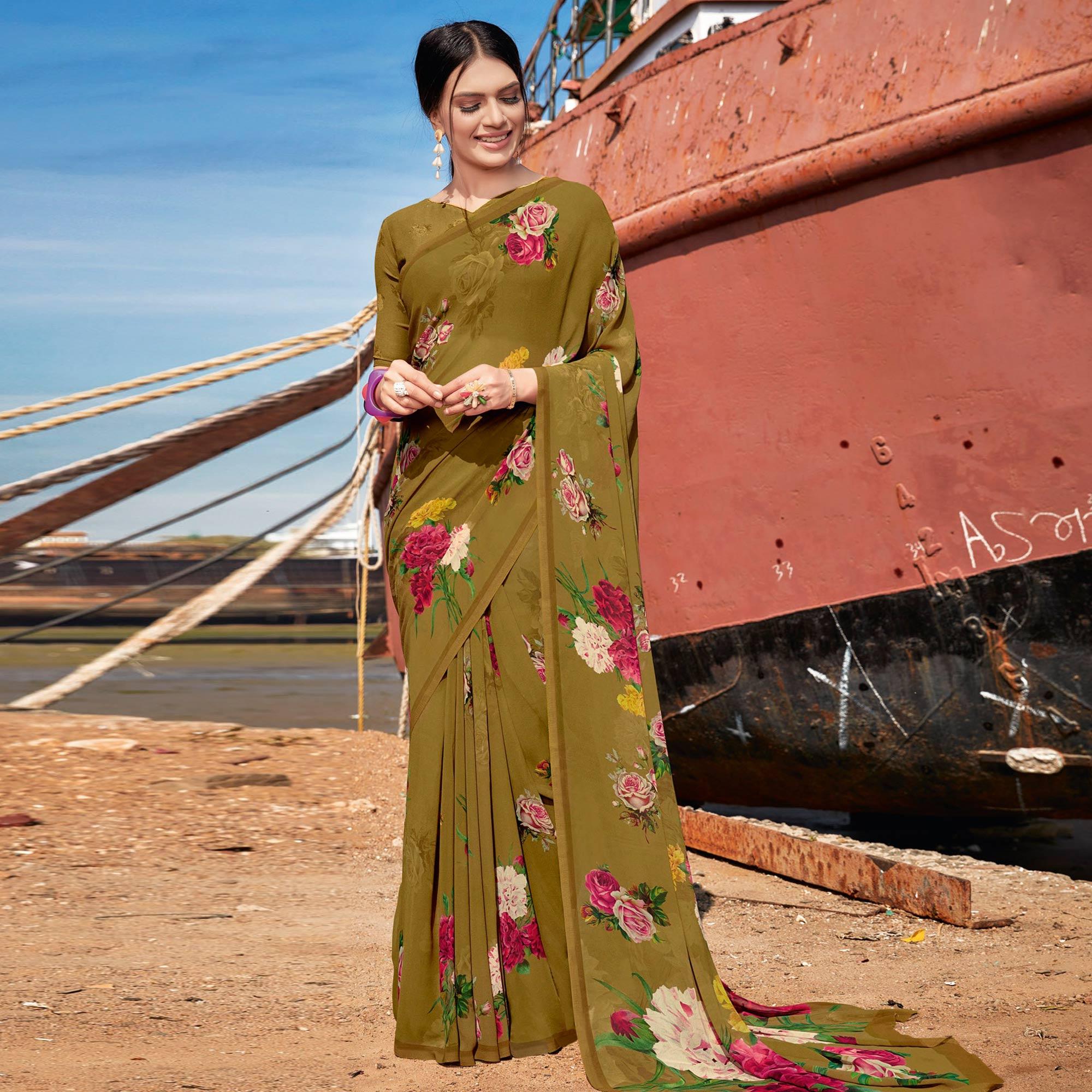 Olive Green Festive Wear Floral Printed Georgette Saree - Peachmode