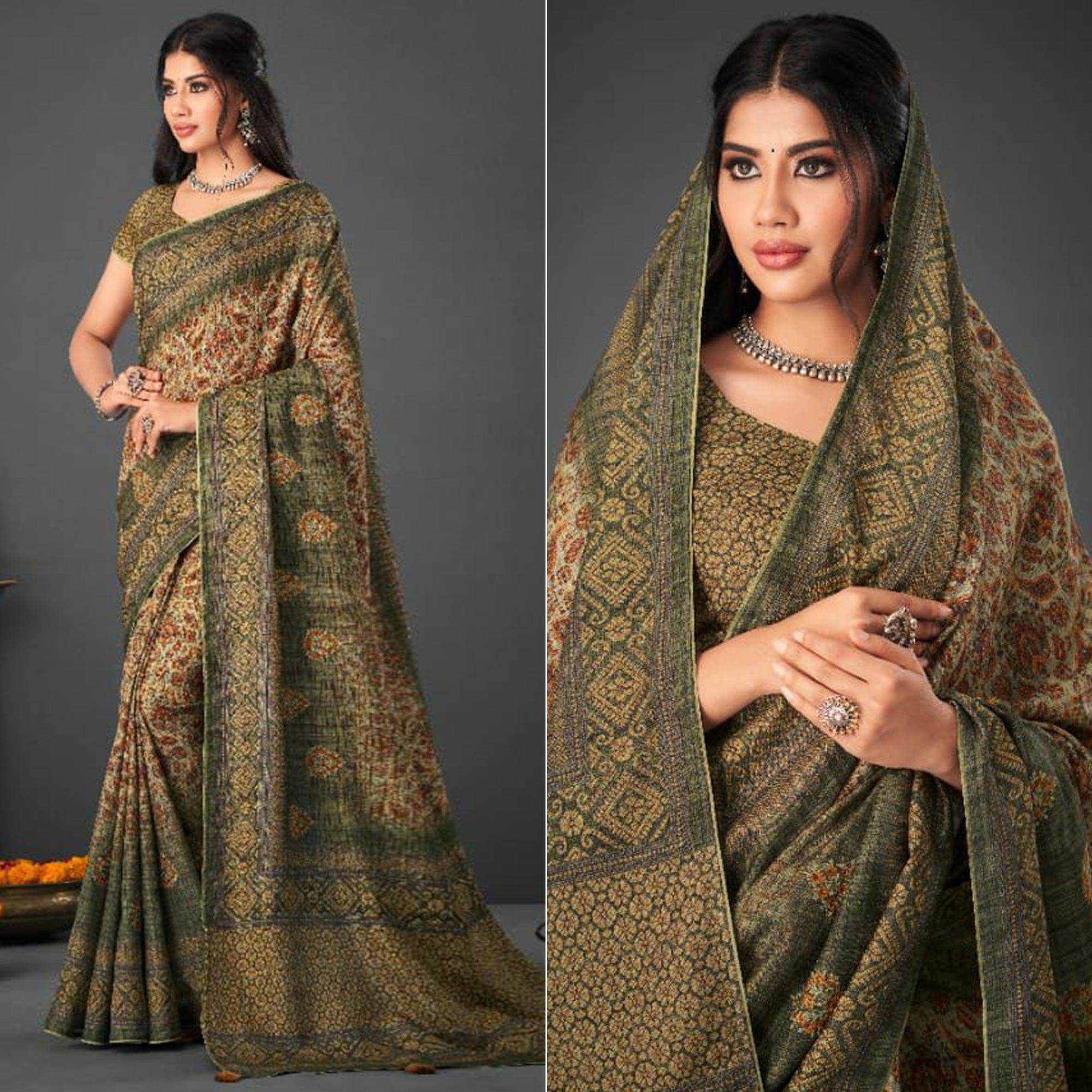 Olive Green Festive Wear Printed Silk Saree - Peachmode
