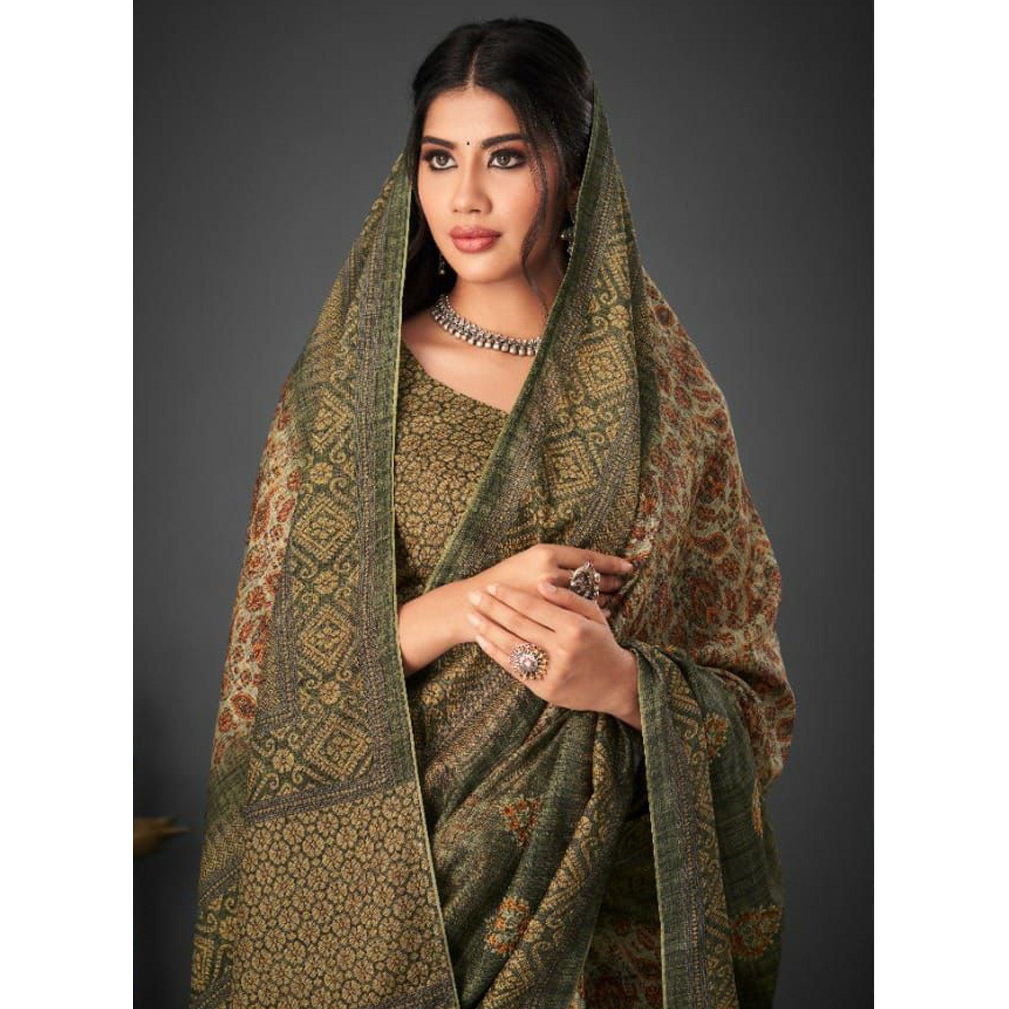 Olive Green Festive Wear Printed Silk Saree - Peachmode