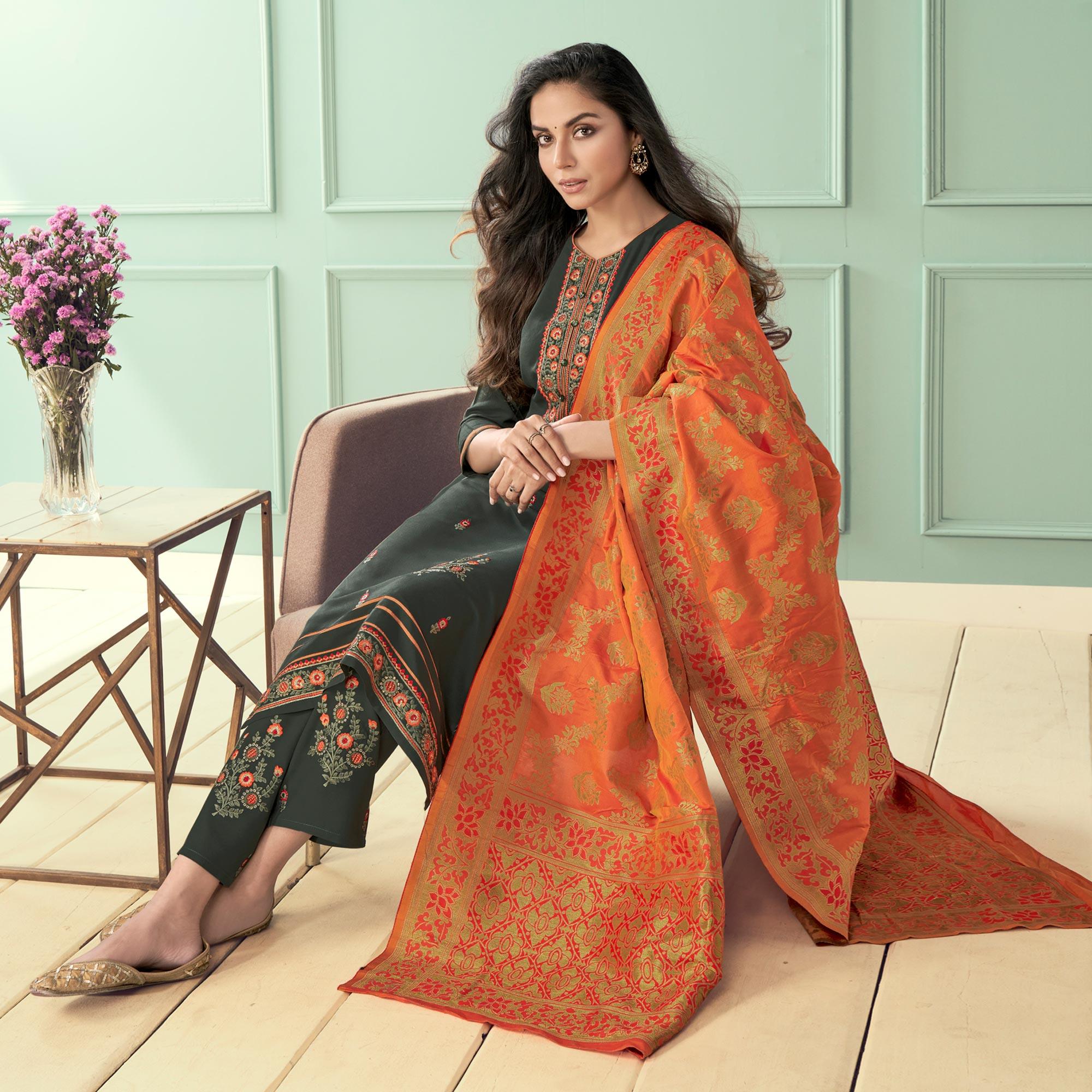 Olive Green Floral Embroidered Rayon Partywear Suit - Peachmode