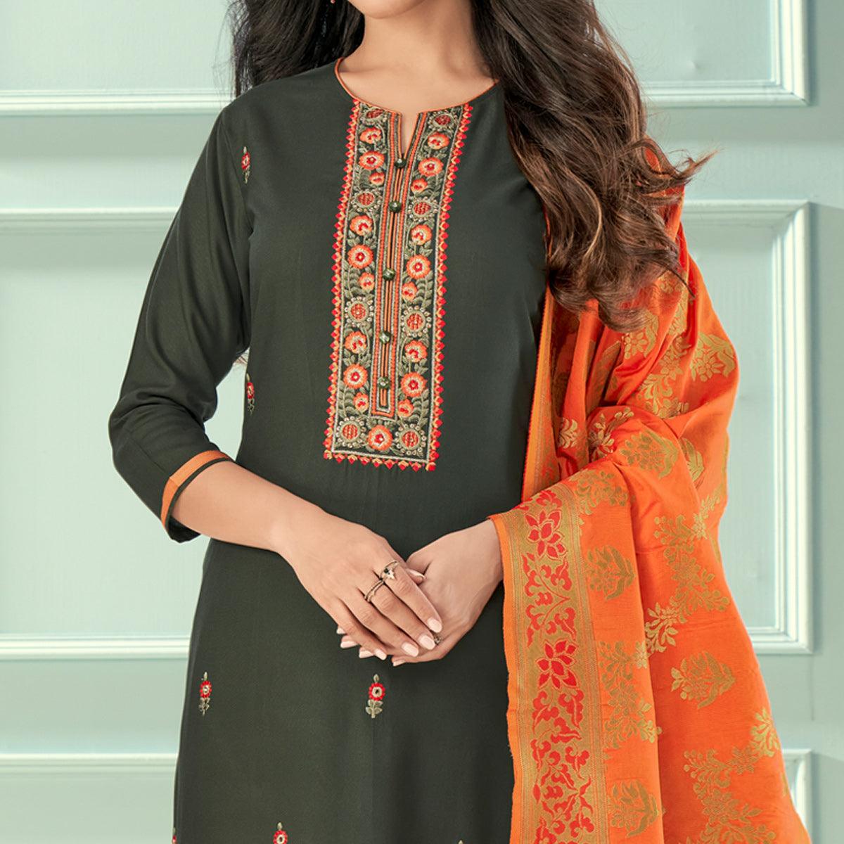 Olive Green Floral Embroidered Rayon Partywear Suit - Peachmode