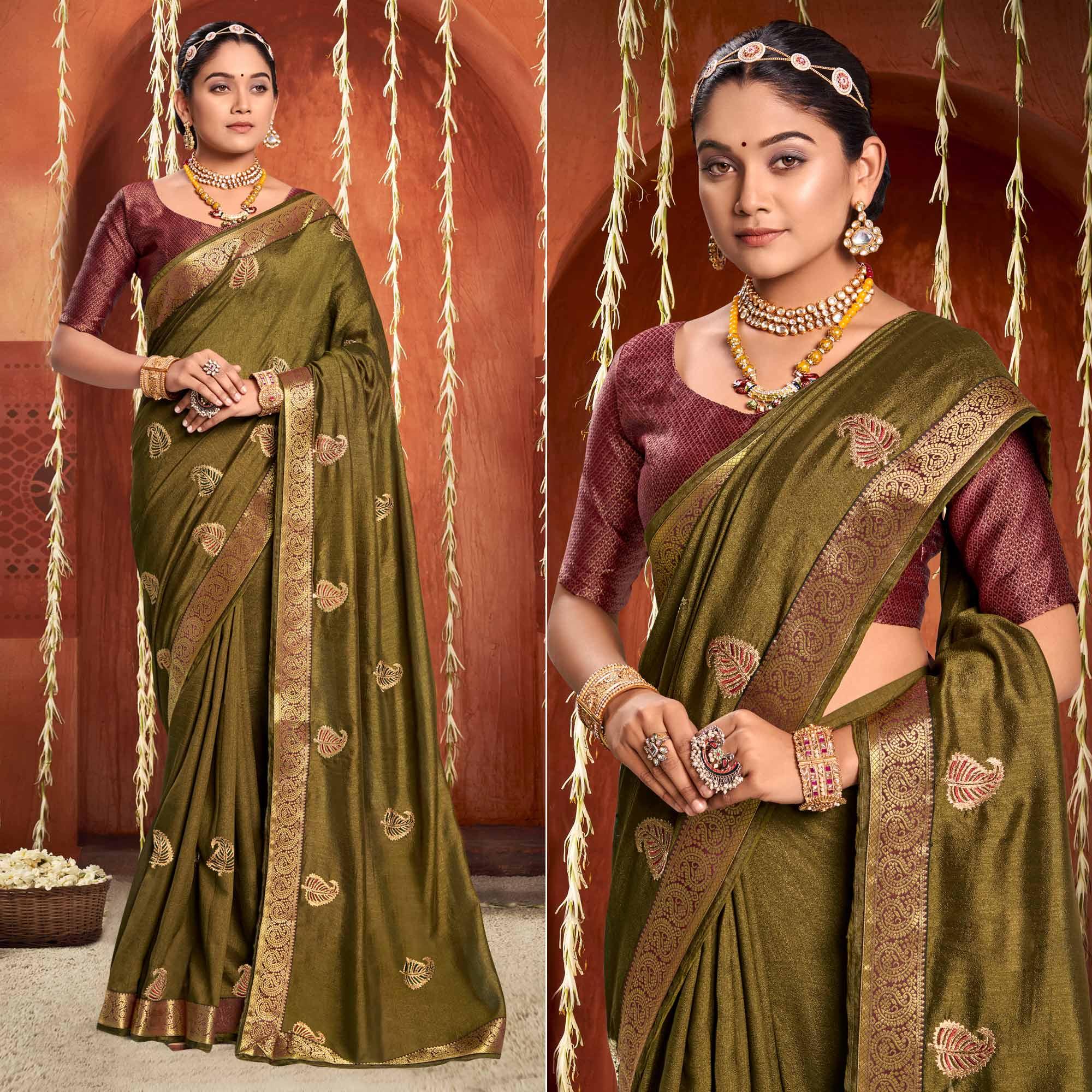 Olive Green Floral Embroidered Vichitra Silk Saree - Peachmode