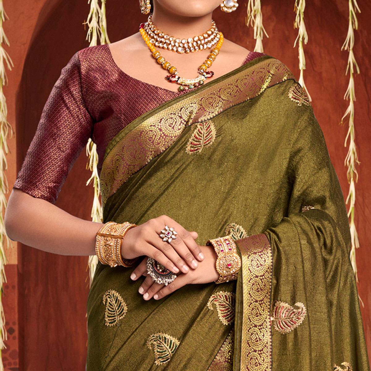 Olive Green Floral Embroidered Vichitra Silk Saree - Peachmode