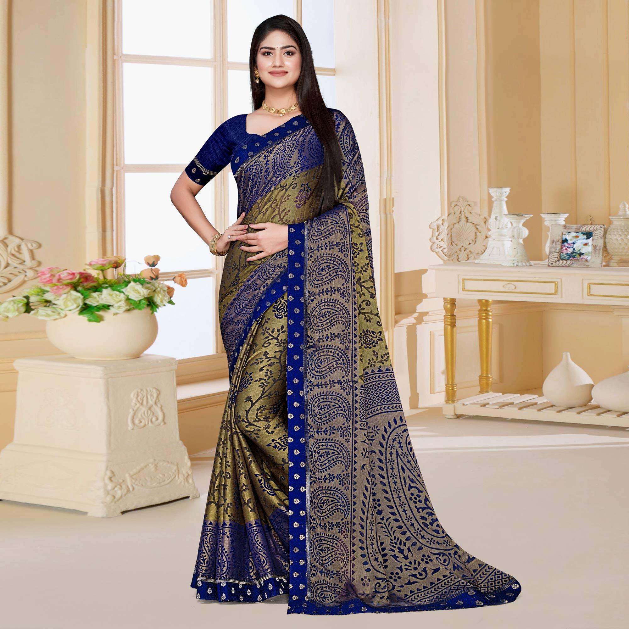 Olive-Green Floral Printed Chiffon Saree - Peachmode