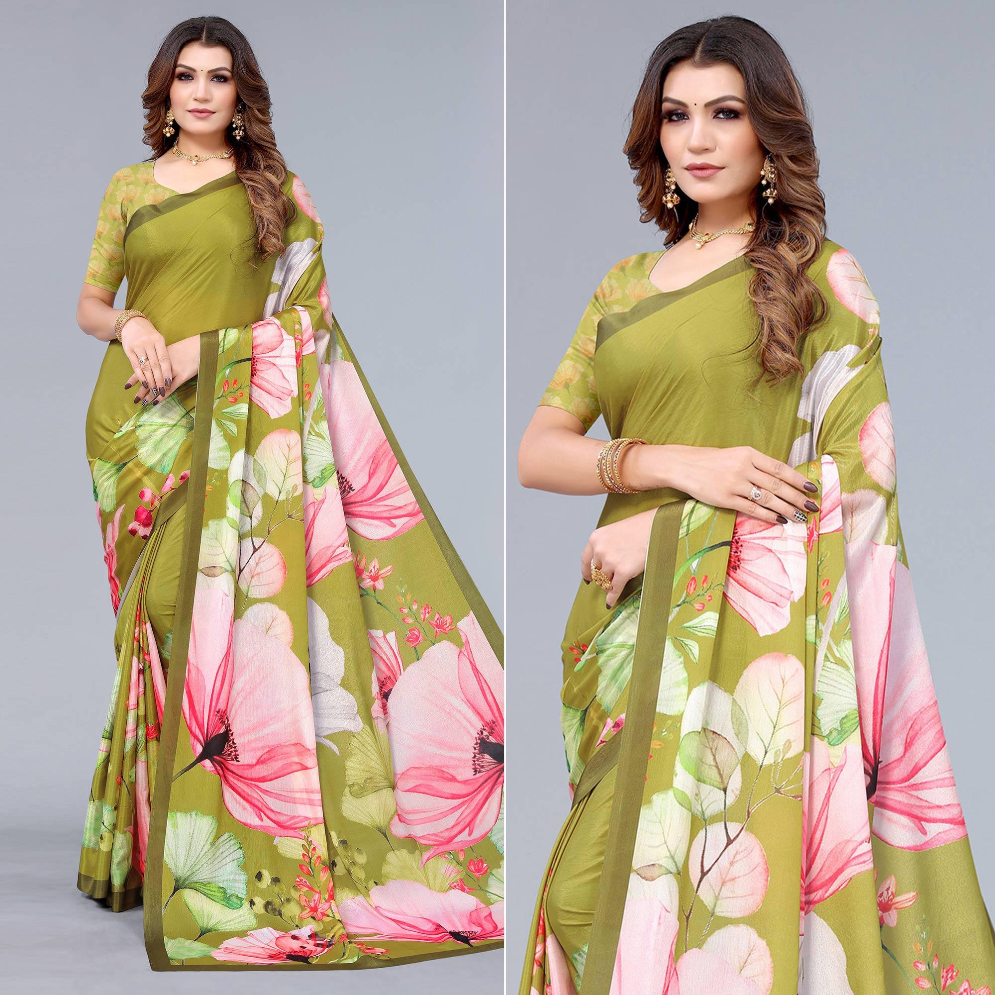 Olive Green Floral Printed Chiffon Saree - Peachmode