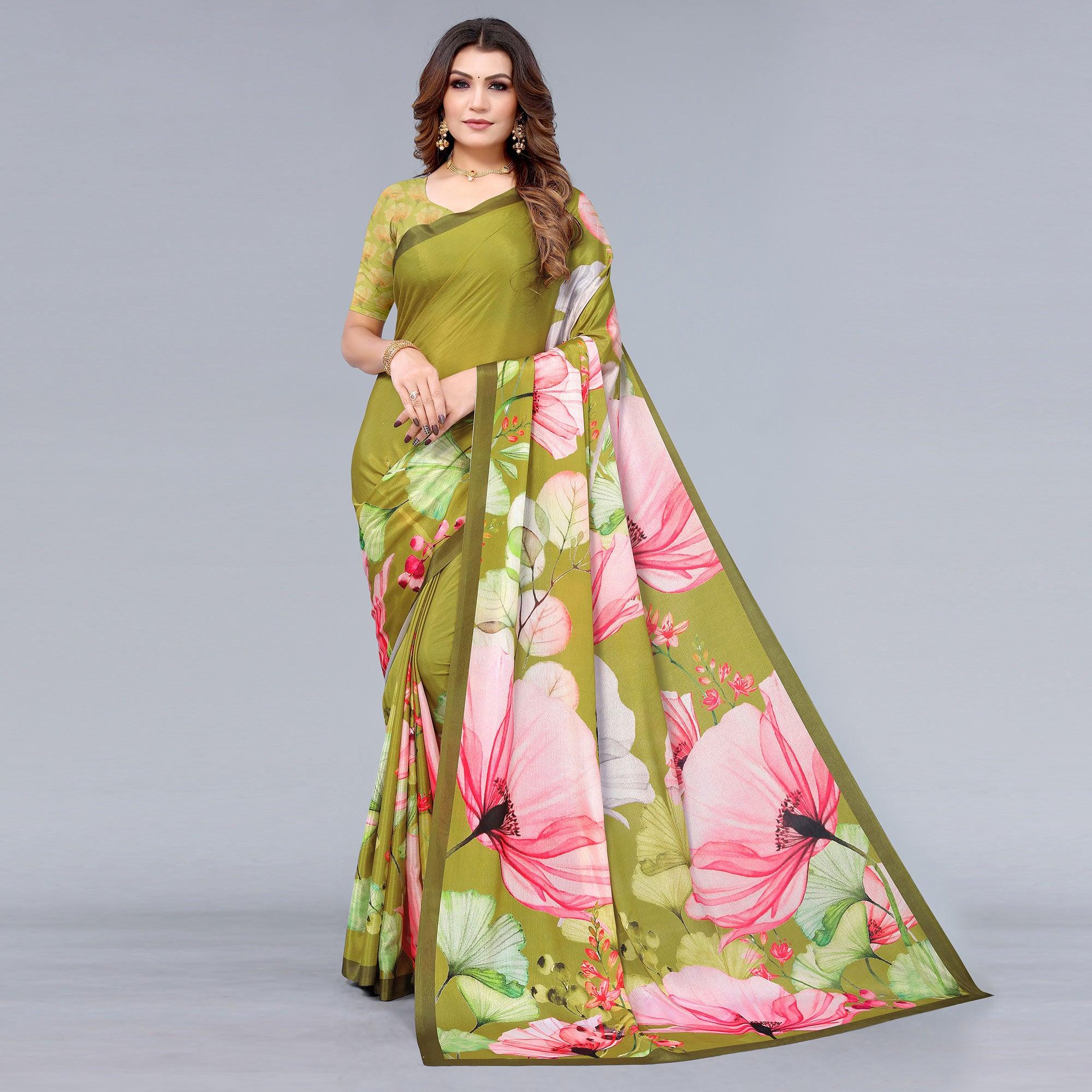 Olive Green Floral Printed Chiffon Saree - Peachmode