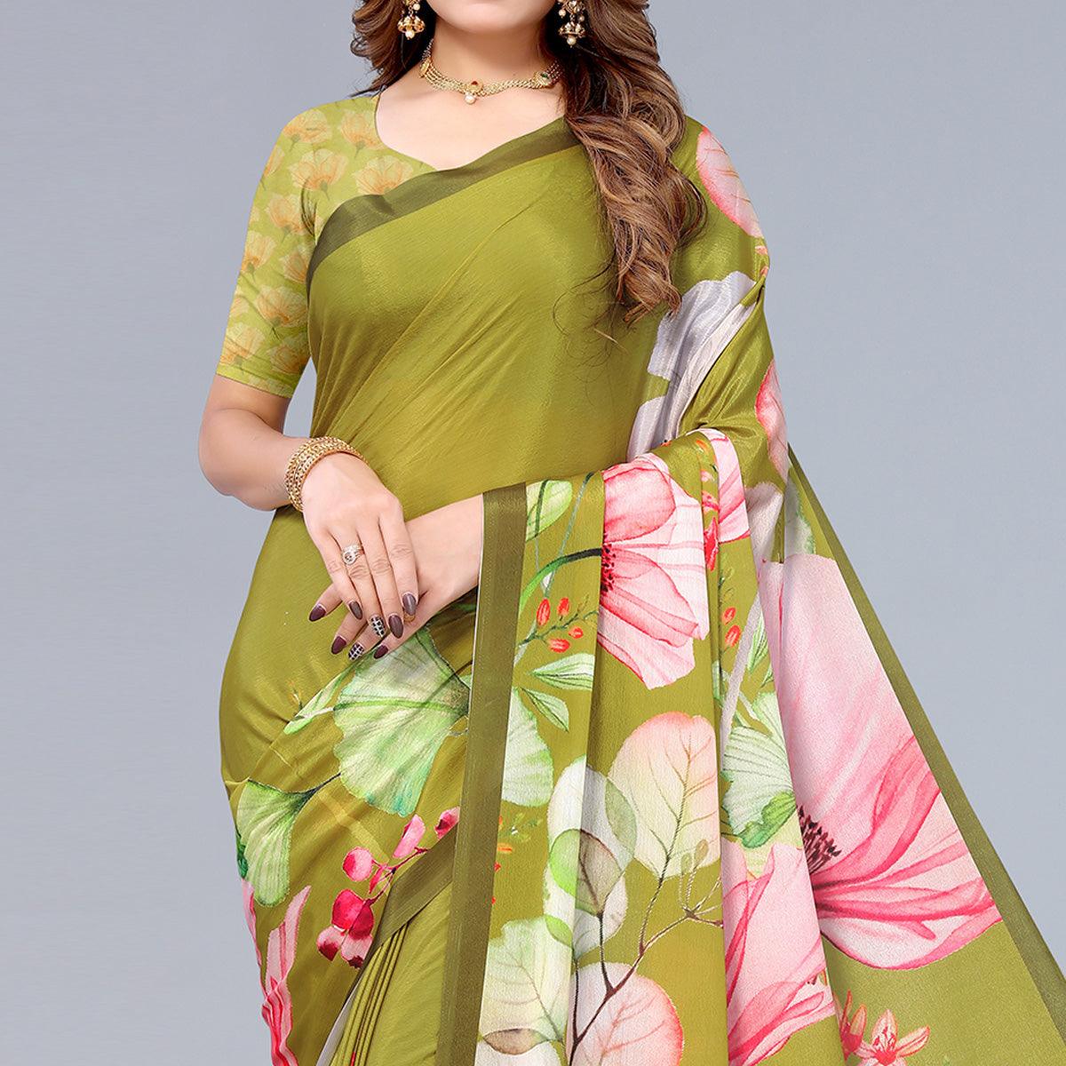 Olive Green Floral Printed Chiffon Saree - Peachmode