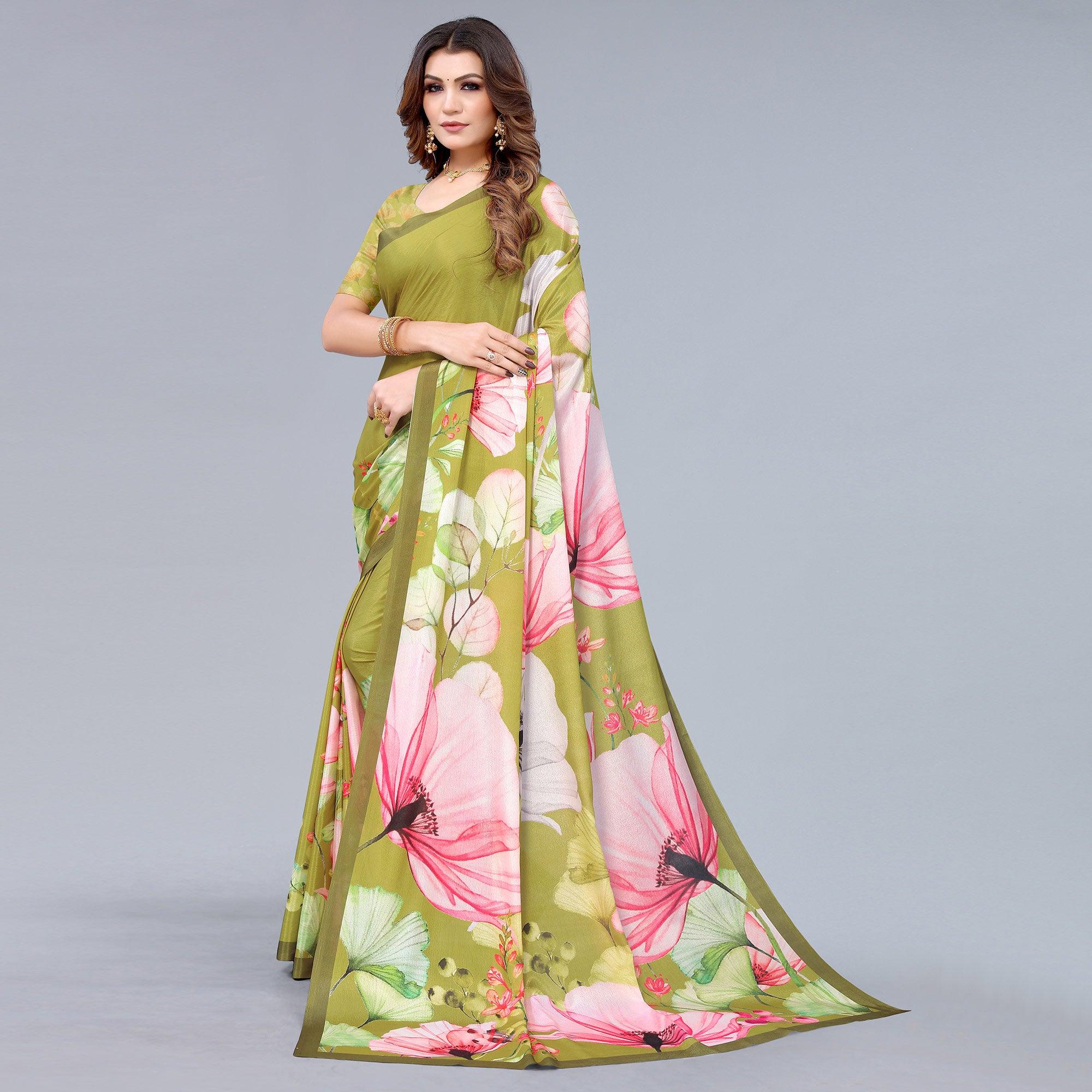 Olive Green Floral Printed Chiffon Saree - Peachmode