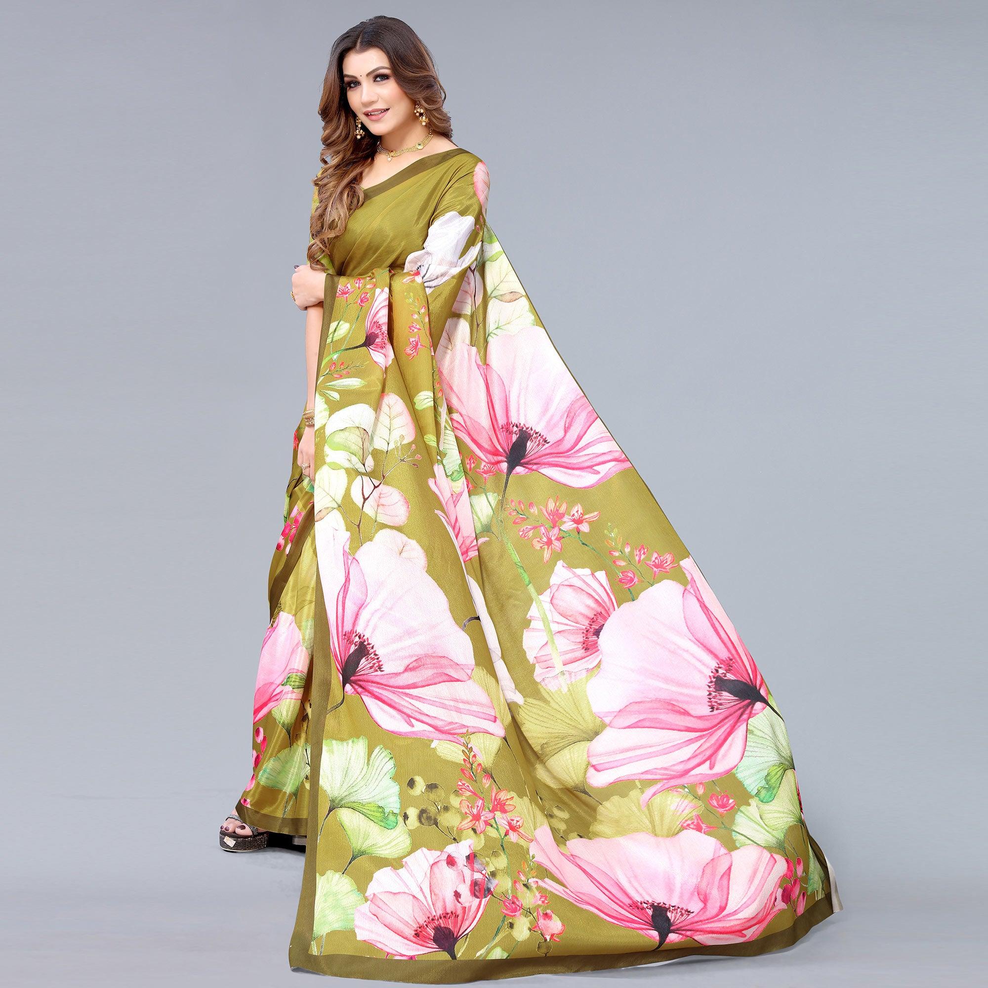 Olive Green Floral Printed Chiffon Saree - Peachmode