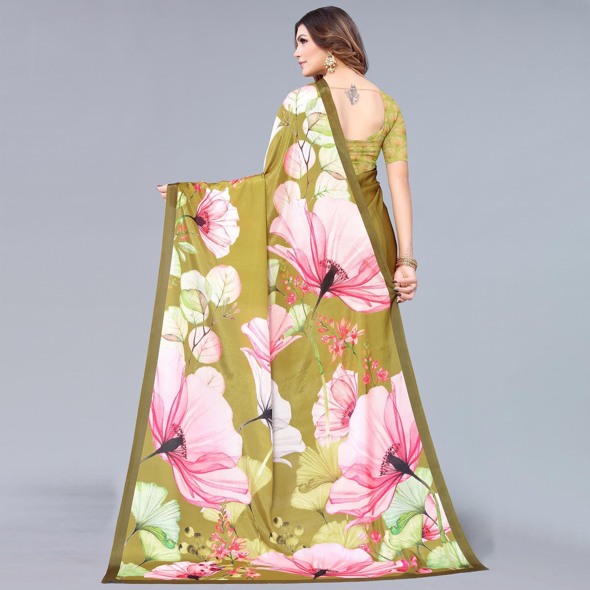 Olive Green Floral Printed Chiffon Saree - Peachmode