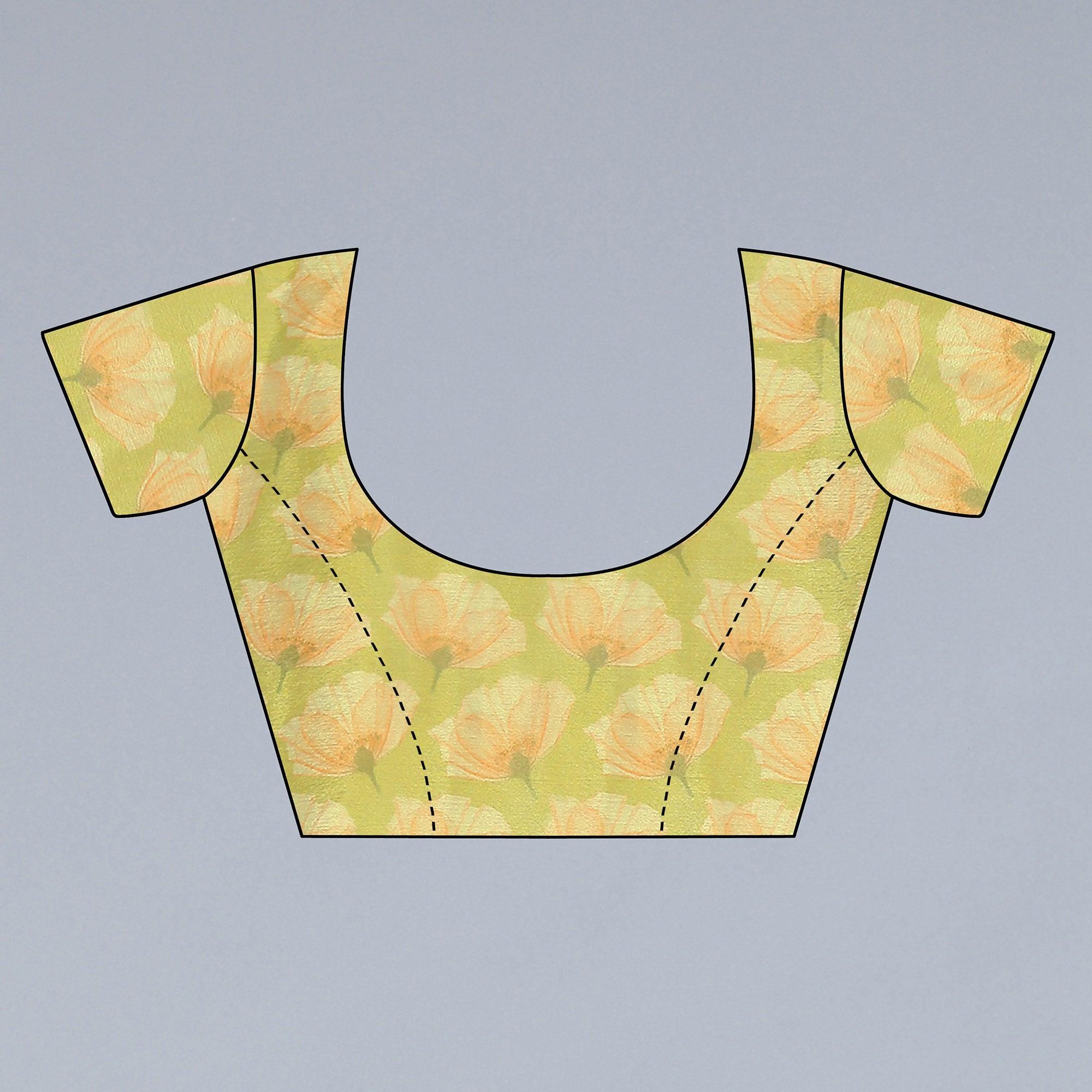 Olive Green Floral Printed Chiffon Saree - Peachmode