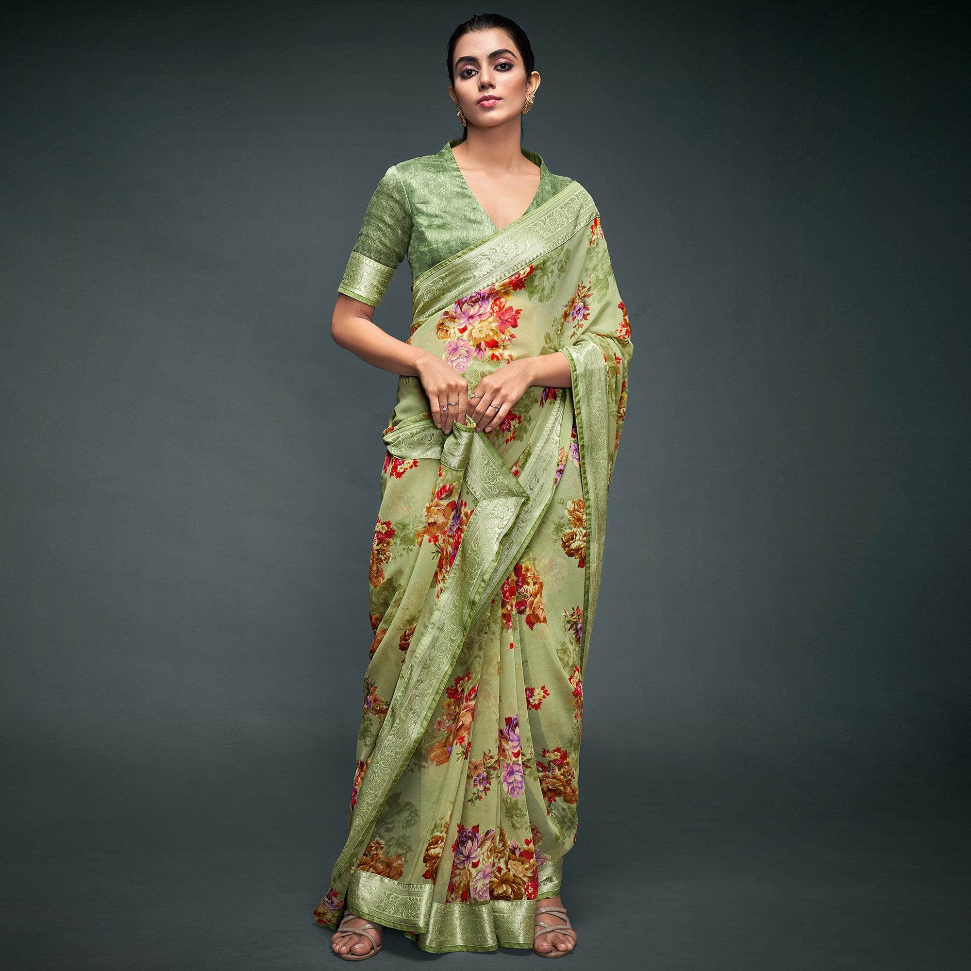 Olive Green Floral Printed Georgette Saree - Peachmode