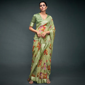 Olive Green Floral Printed Georgette Saree - Peachmode