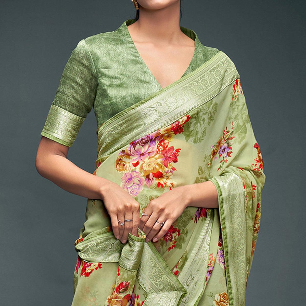 Olive Green Floral Printed Georgette Saree - Peachmode