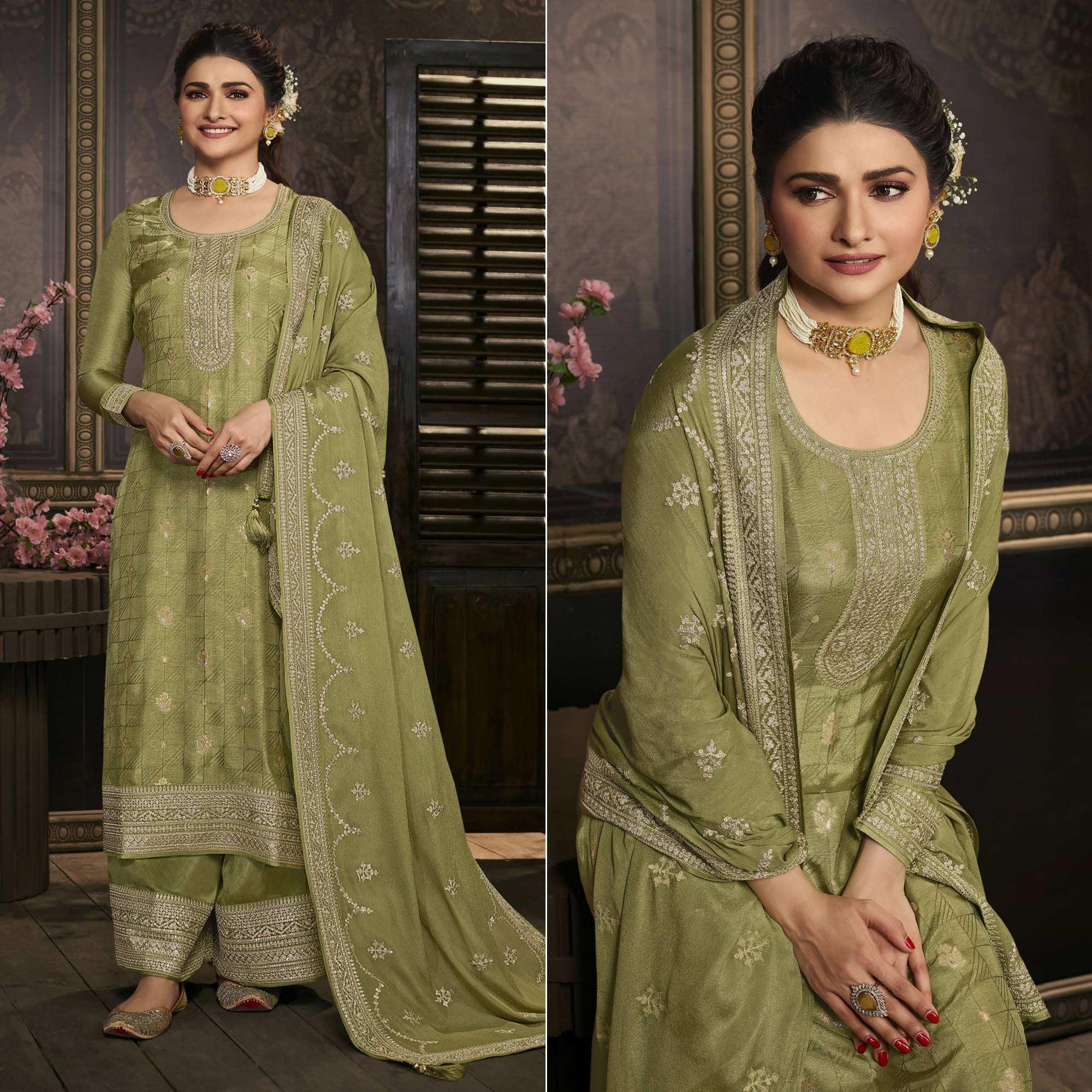 Olive Green Floral Sequence Embroidered Dola Silk Palazzo Suit - Peachmode