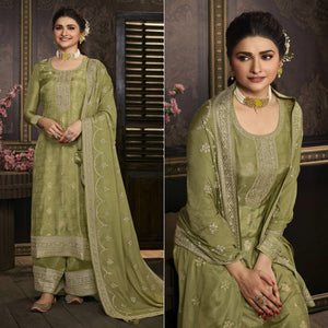 Olive Green Floral Sequence Embroidered Dola Silk Palazzo Suit - Peachmode