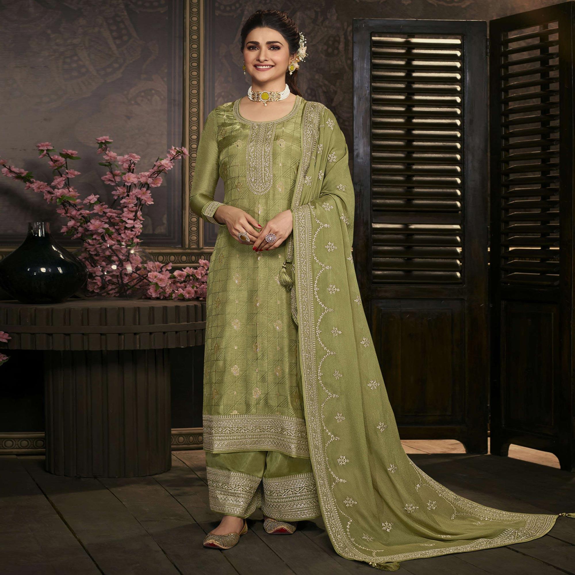 Olive Green Floral Sequence Embroidered Dola Silk Palazzo Suit - Peachmode