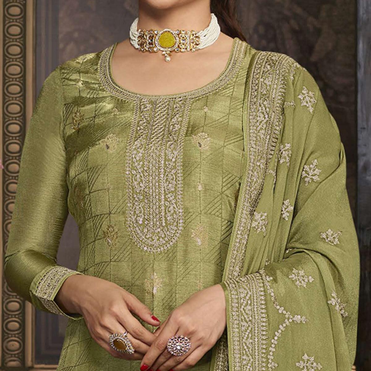 Olive Green Floral Sequence Embroidered Dola Silk Palazzo Suit - Peachmode