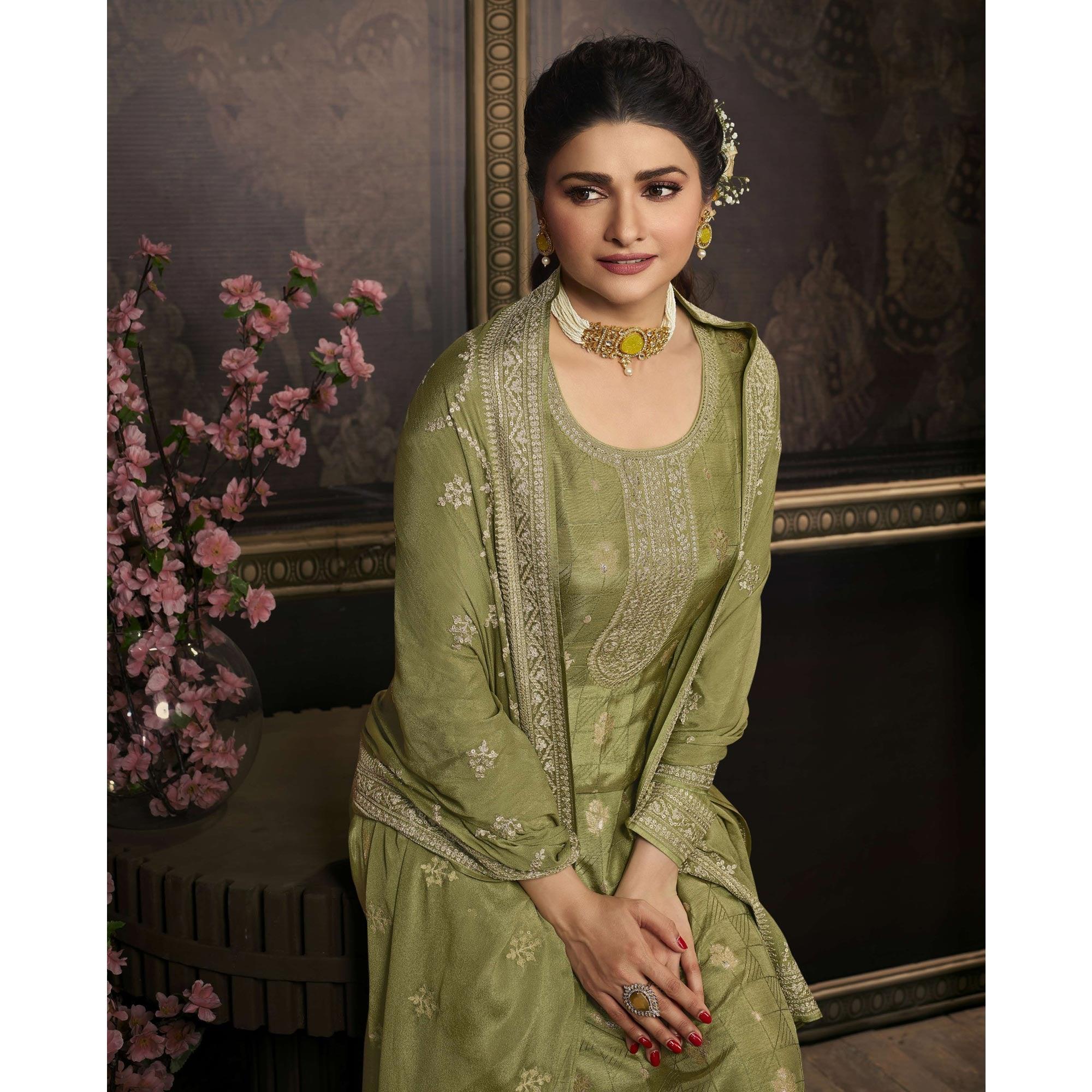 Olive Green Floral Sequence Embroidered Dola Silk Palazzo Suit - Peachmode